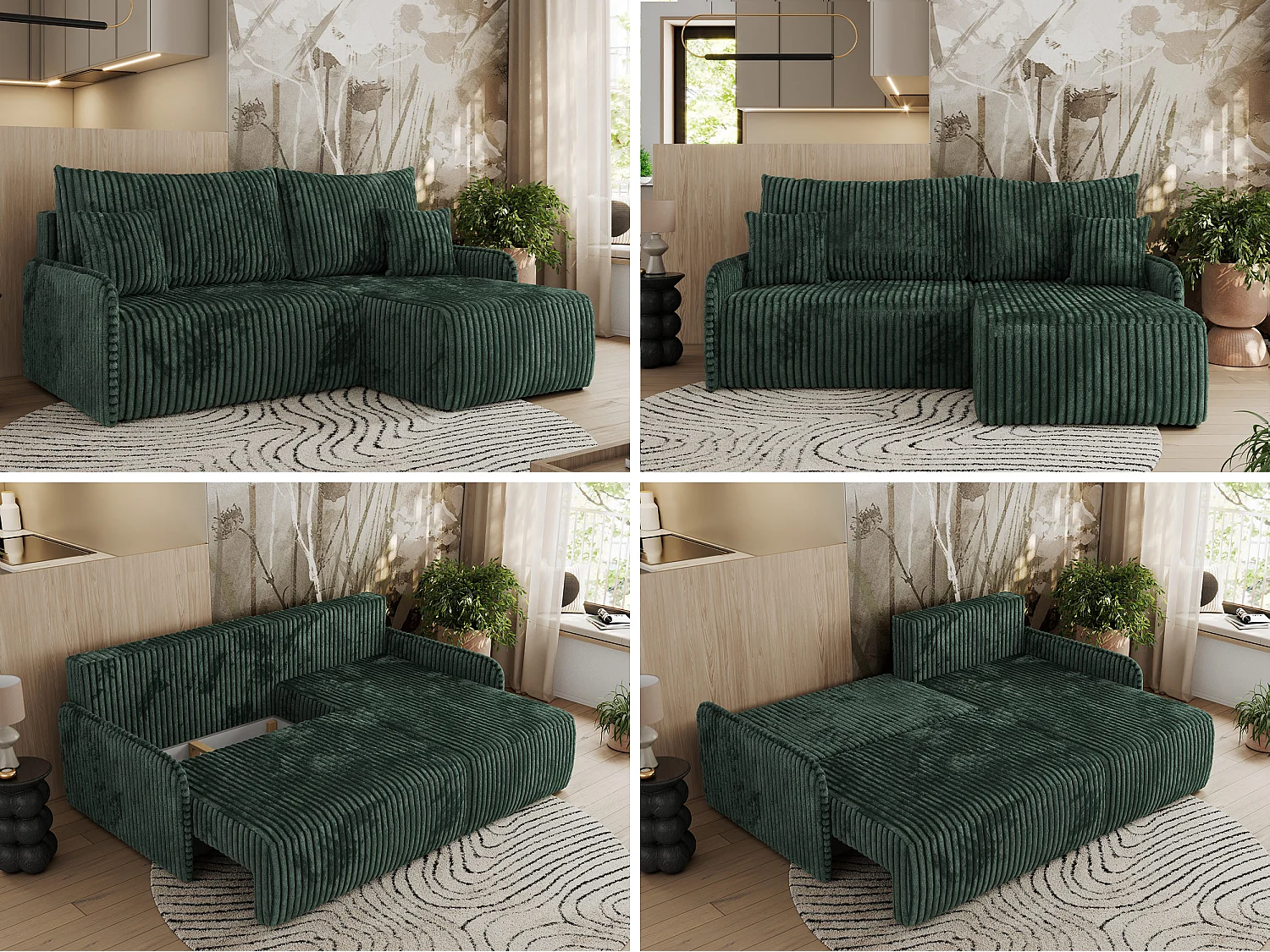 Ecksofa ARPA - L-form Schlaffsofa, Bettkasten und lose Kissen, Armlehnen - Grün Cord - Ecke Rechts