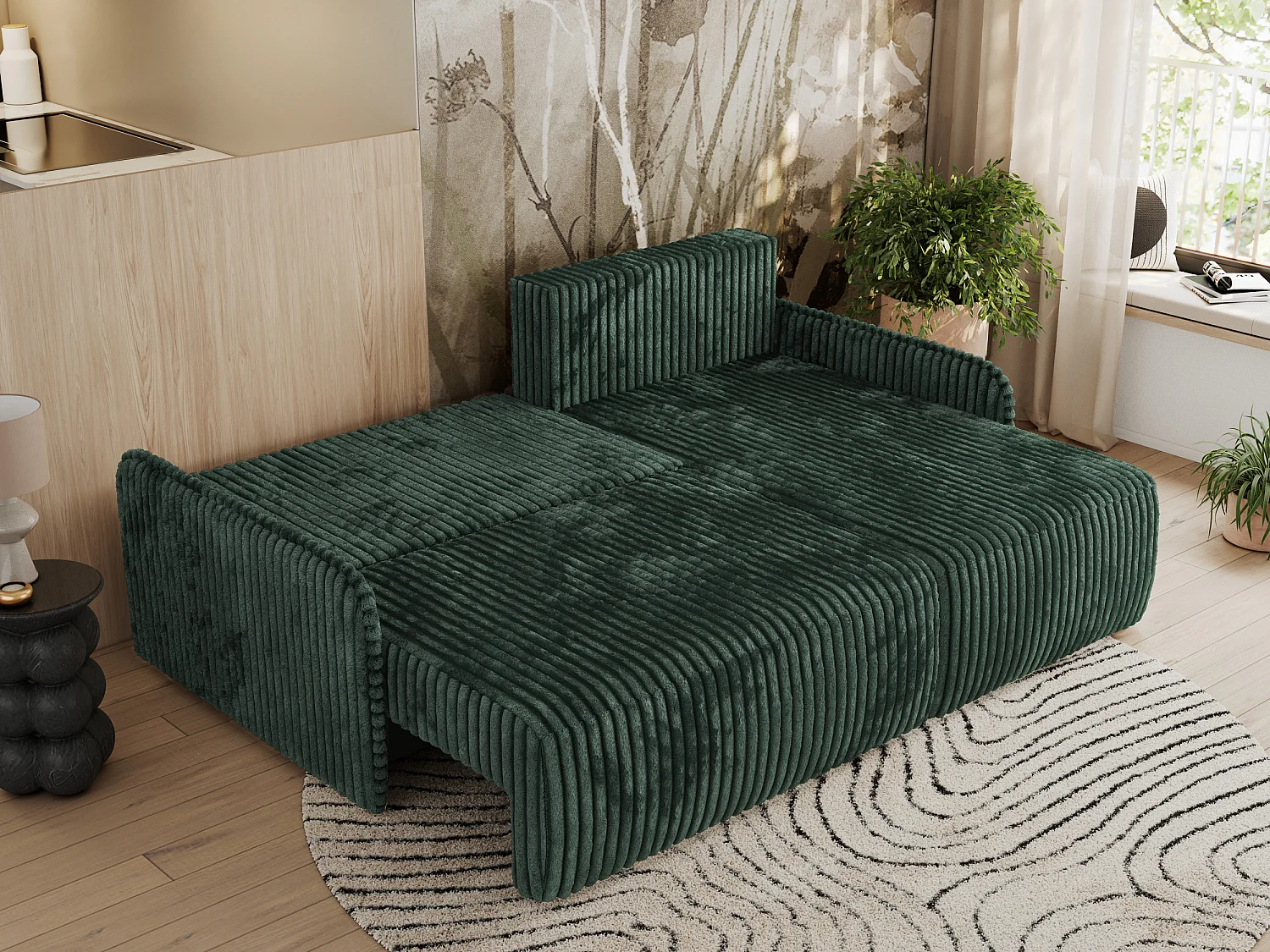 Ecksofa ARPA - L-form Schlaffsofa, Bettkasten und lose Kissen, Armlehnen - Grün Cord - Ecke Rechts