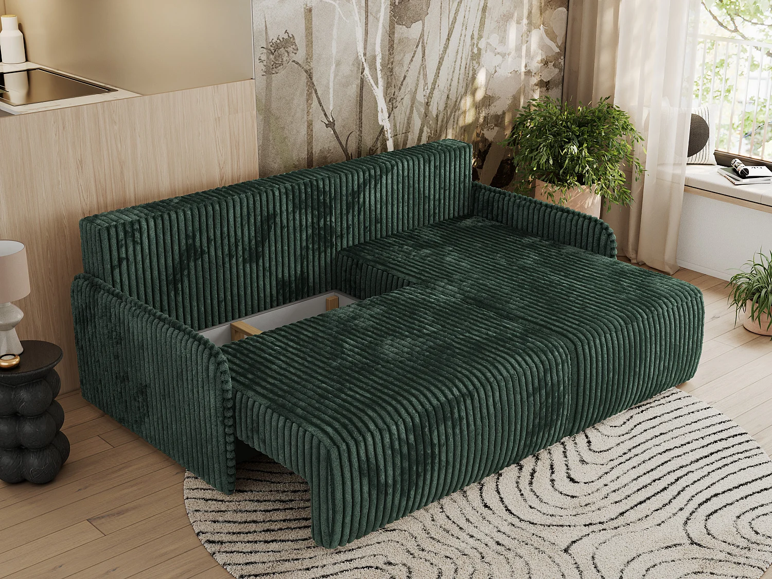 Ecksofa ARPA - L-form Schlaffsofa, Bettkasten und lose Kissen, Armlehnen - Grün Cord - Ecke Rechts