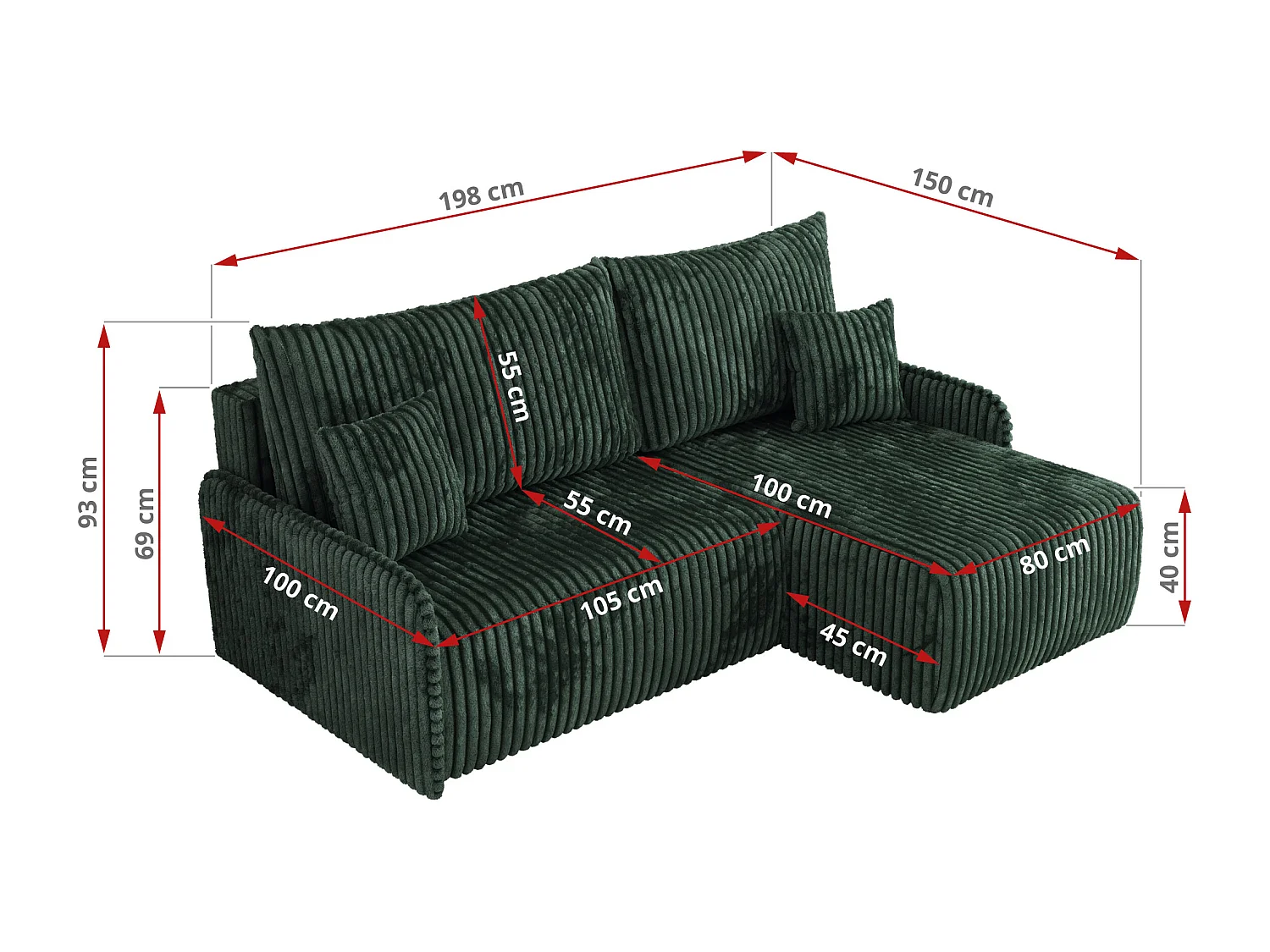Ecksofa ARPA - L-form Schlaffsofa, Bettkasten und lose Kissen, Armlehnen - Grün Cord - Ecke Rechts