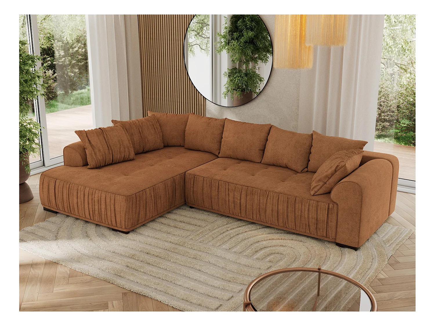 Ecksofa ORTA - Schlaffunktion und Bettkasten, lose Kissen, gesteppter Sitz, L-förmige Ecke - Orange Stukture - Ecke Links