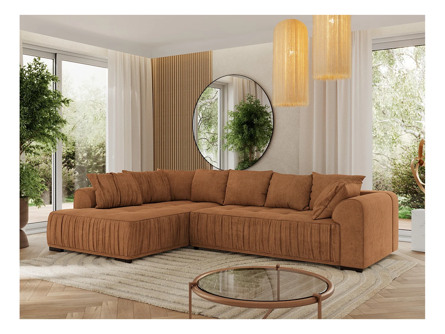 Ecksofa ORTA - Schlaffunktion und Bettkasten, lose Kissen, gesteppter Sitz, L-förmige Ecke - Orange Stukture - Ecke Links