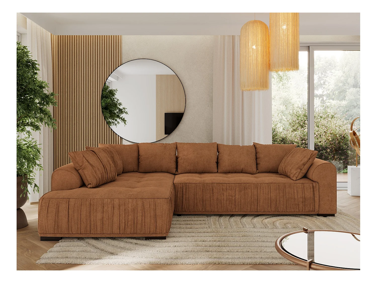 Ecksofa ORTA - Schlaffunktion und Bettkasten, lose Kissen, gesteppter Sitz, L-förmige Ecke - Orange Stukture - Ecke Links