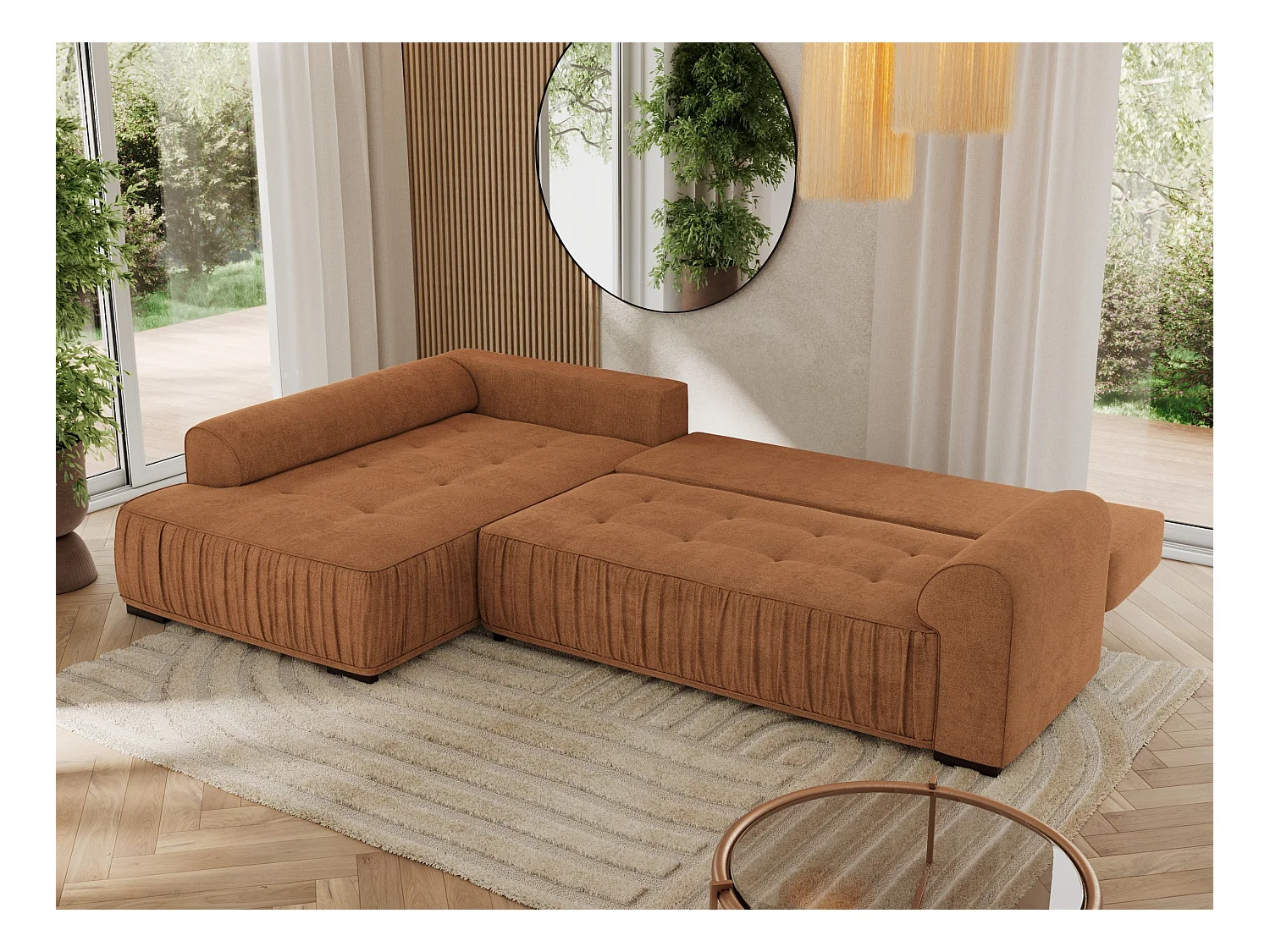 Ecksofa ORTA - Schlaffunktion und Bettkasten, lose Kissen, gesteppter Sitz, L-förmige Ecke - Orange Stukture - Ecke Links