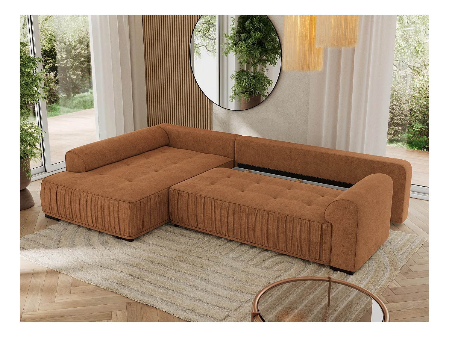 Ecksofa ORTA - Schlaffunktion und Bettkasten, lose Kissen, gesteppter Sitz, L-förmige Ecke - Orange Stukture - Ecke Links