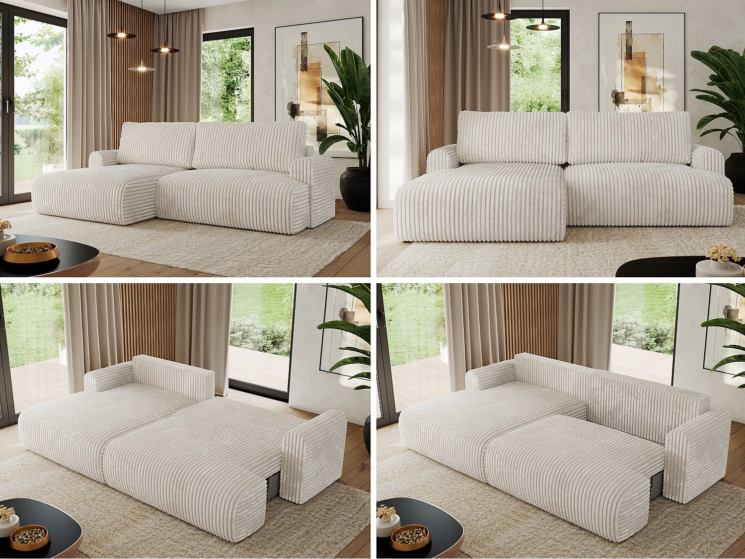 Ecksofa TONO - mit Schlaffunktion und Bettkasten, L-form Ecke, Armlehnen - Creme Cord - Ecke Links