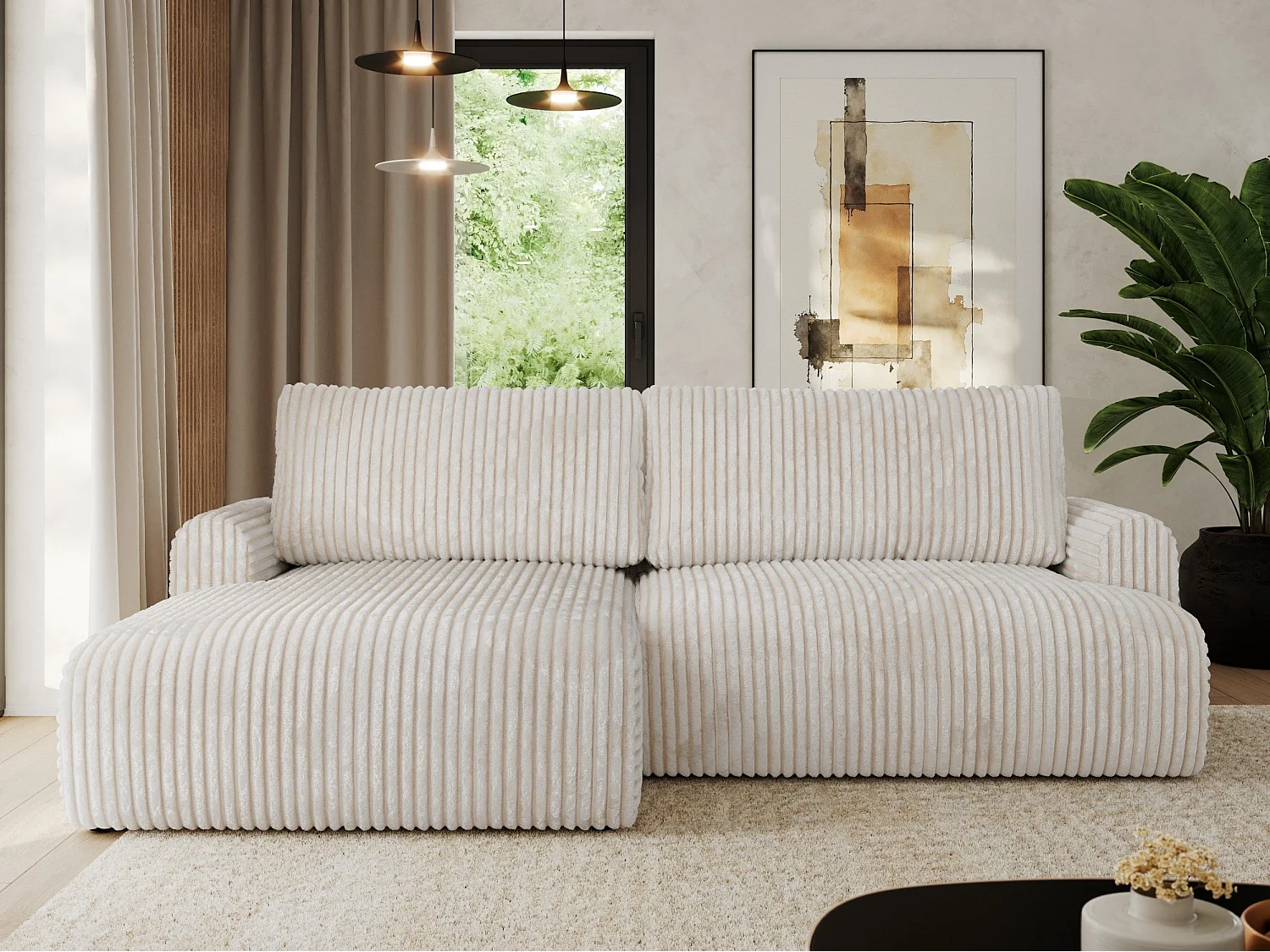 Ecksofa TONO - mit Schlaffunktion und Bettkasten, L-form Ecke, Armlehnen - Creme Cord - Ecke Links
