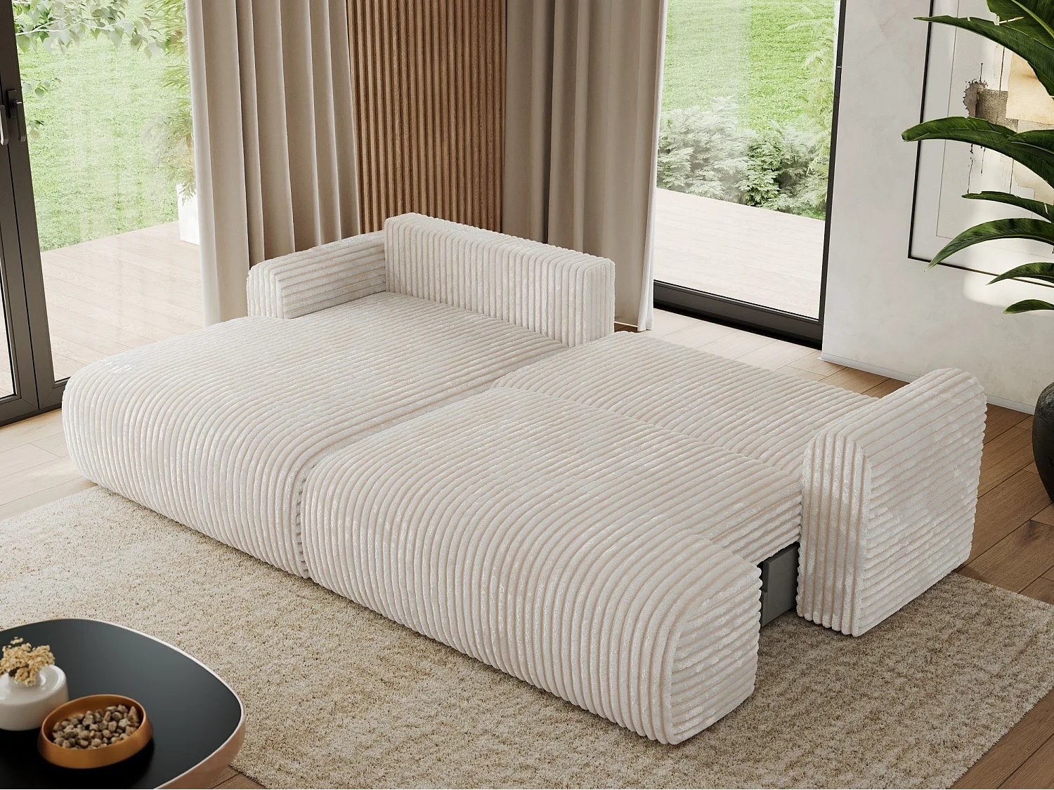 Ecksofa TONO - mit Schlaffunktion und Bettkasten, L-form Ecke, Armlehnen - Creme Cord - Ecke Links