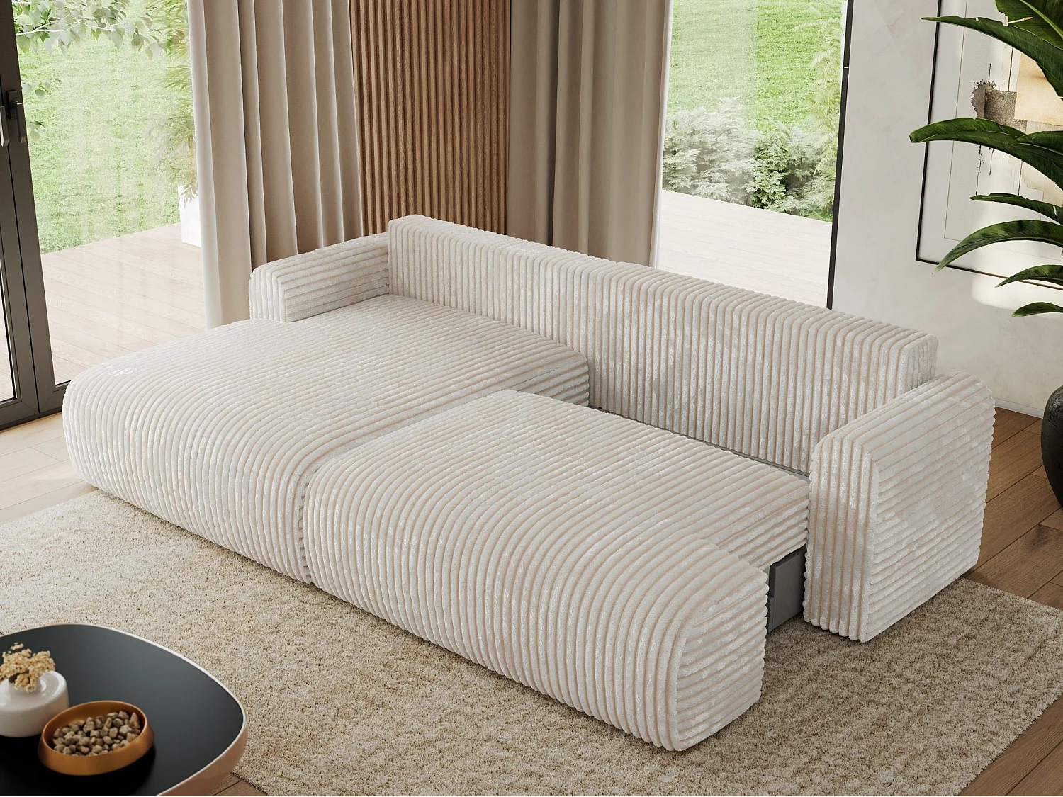 Ecksofa TONO - mit Schlaffunktion und Bettkasten, L-form Ecke, Armlehnen - Creme Cord - Ecke Links