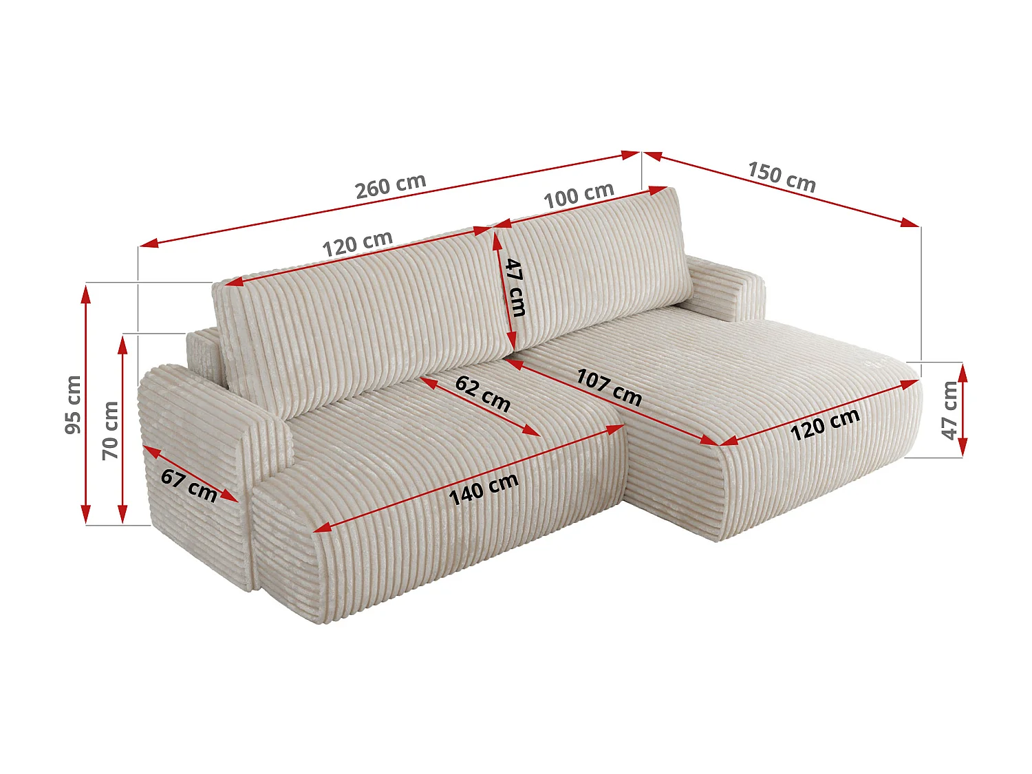 Ecksofa TONO - mit Schlaffunktion und Bettkasten, L-form Ecke, Armlehnen - Creme Cord - Ecke Links