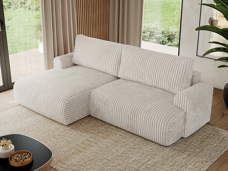 Ecksofa TONO - mit Schlaffunktion und Bettkasten, L-form Ecke, Armlehnen - Creme Cord - Ecke Links