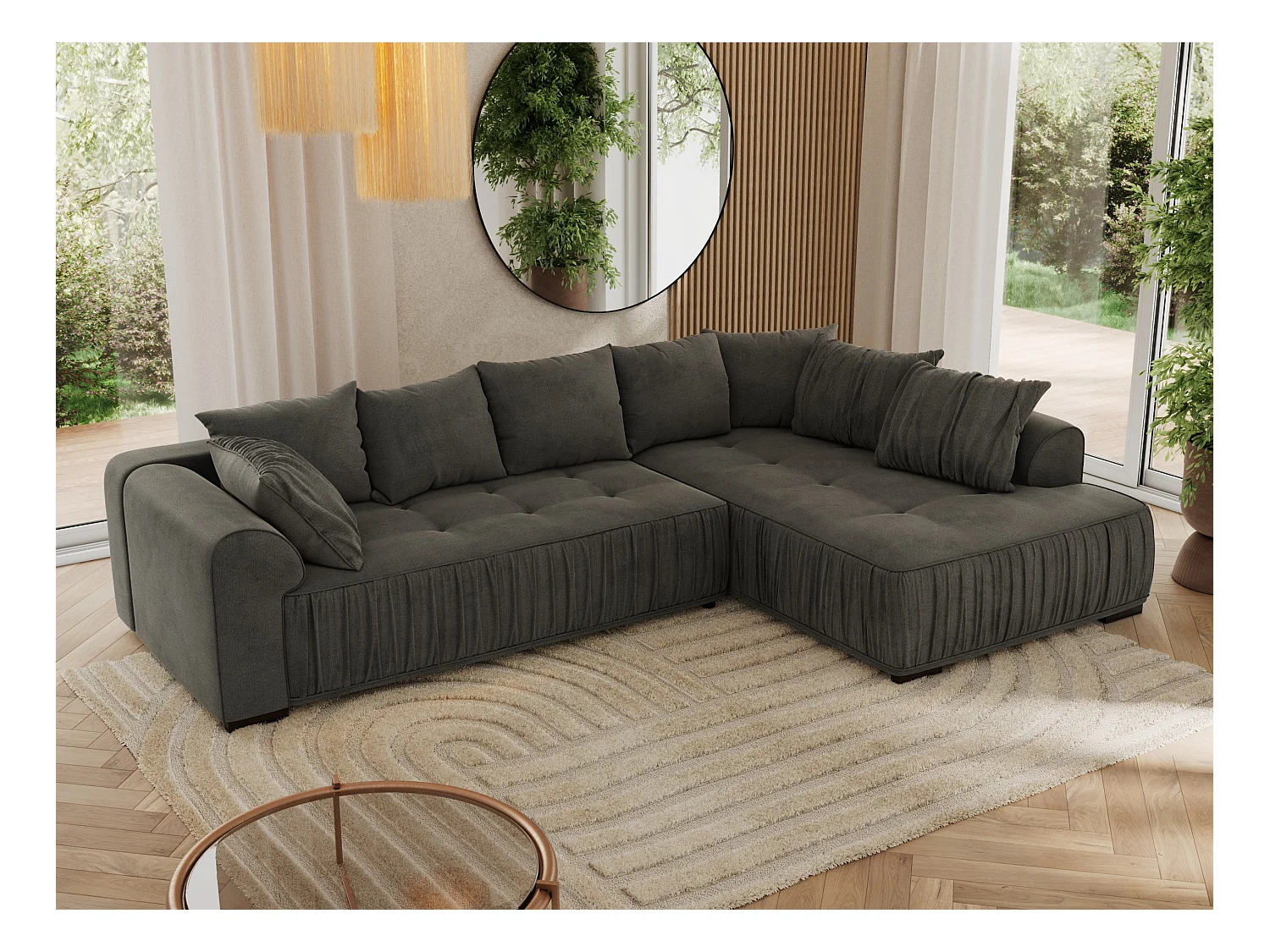 Ecksofa ORTA - Schlaffunktion und Bettkasten, lose Kissen, gesteppter Sitz, L-förmige Ecke - Dunkelgrau Velvet - Ecke Rechts