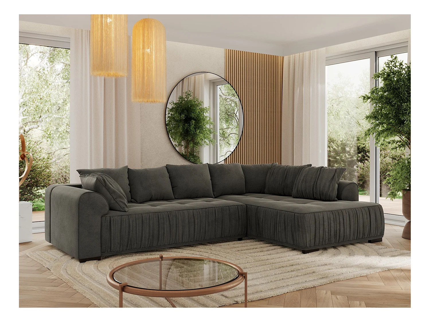 Ecksofa ORTA - Schlaffunktion und Bettkasten, lose Kissen, gesteppter Sitz, L-förmige Ecke - Dunkelgrau Velvet - Ecke Rechts
