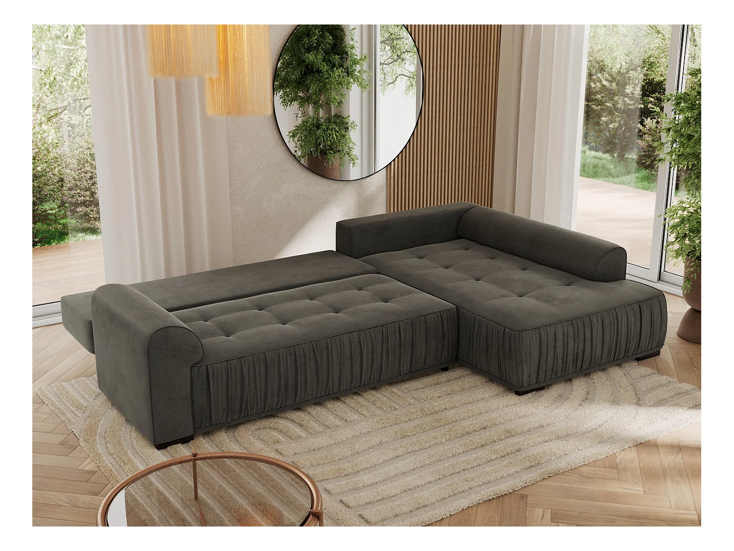 Ecksofa ORTA - Schlaffunktion und Bettkasten, lose Kissen, gesteppter Sitz, L-förmige Ecke - Dunkelgrau Velvet - Ecke Rechts