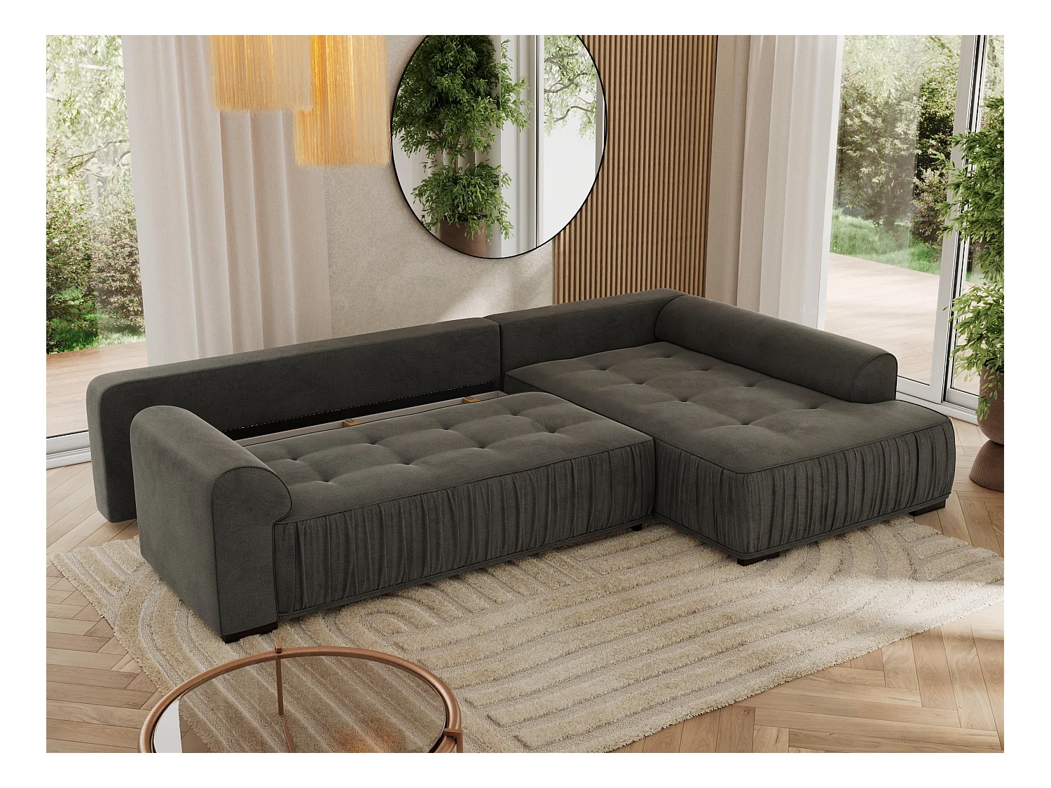 Ecksofa ORTA - Schlaffunktion und Bettkasten, lose Kissen, gesteppter Sitz, L-förmige Ecke - Dunkelgrau Velvet - Ecke Rechts