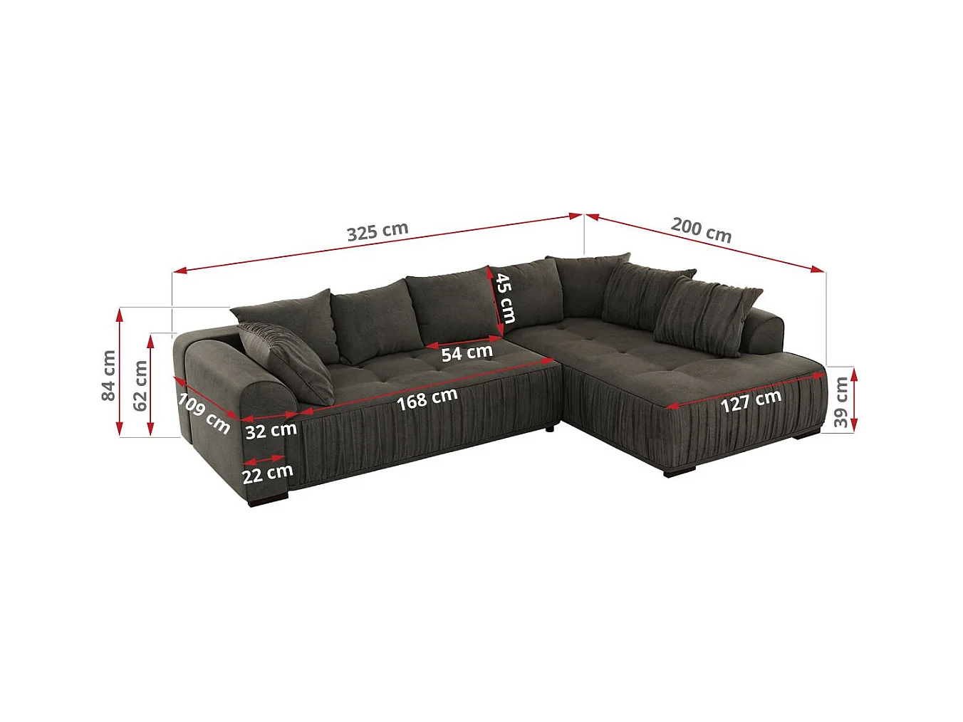 Ecksofa ORTA - Schlaffunktion und Bettkasten, lose Kissen, gesteppter Sitz, L-förmige Ecke - Dunkelgrau Velvet - Ecke Rechts