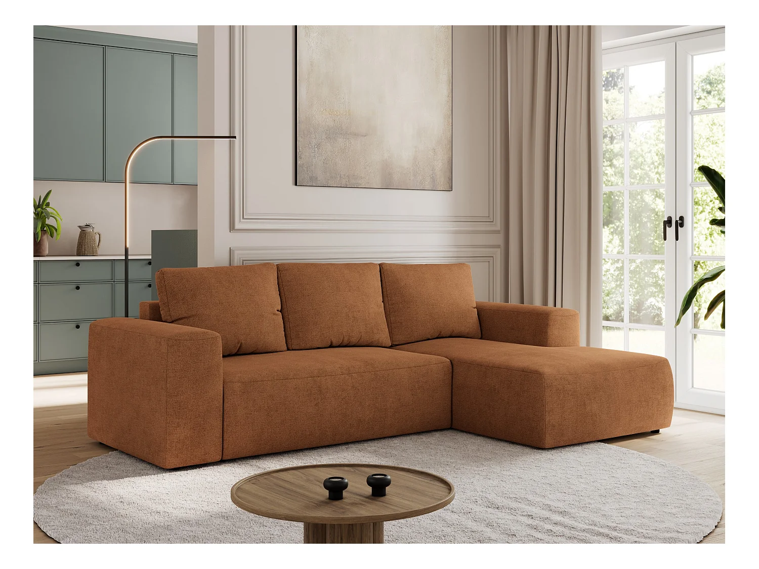 Ecksofa TRENTINO - mit Schlaffunktion und Bettkasten, L-form Couch, lose Kissen und Armlehnen - Orange Stukture - Ecke Rechts
