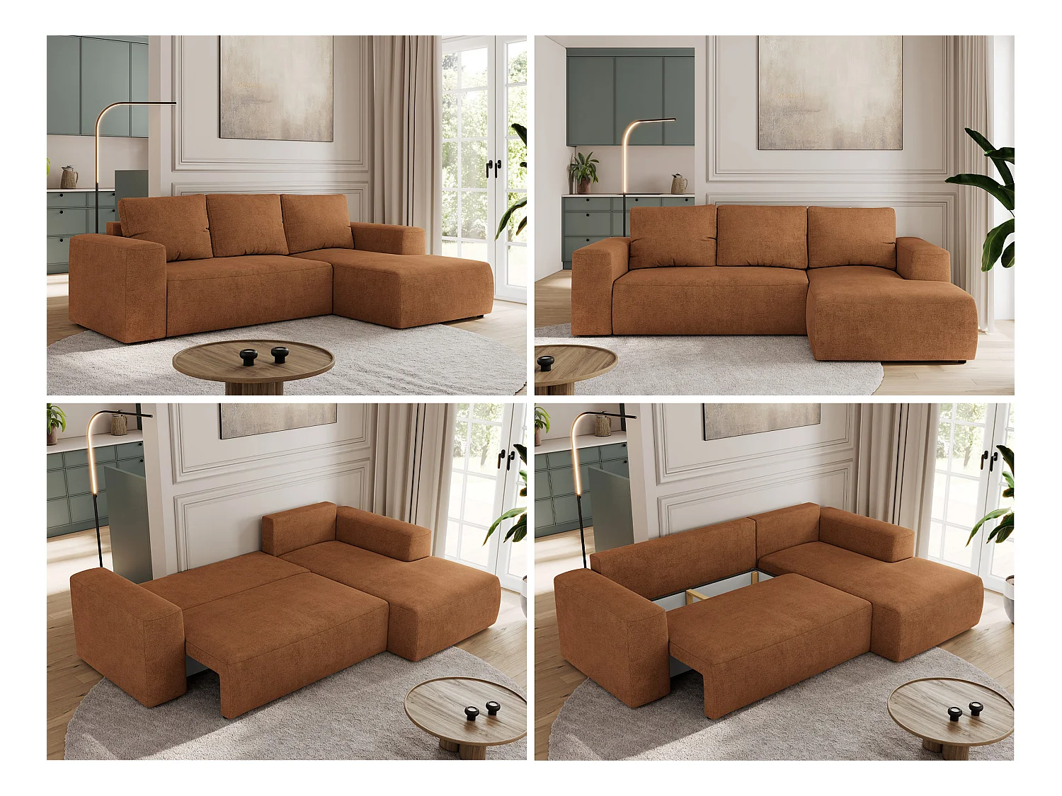 Ecksofa TRENTINO - mit Schlaffunktion und Bettkasten, L-form Couch, lose Kissen und Armlehnen - Orange Stukture - Ecke Rechts