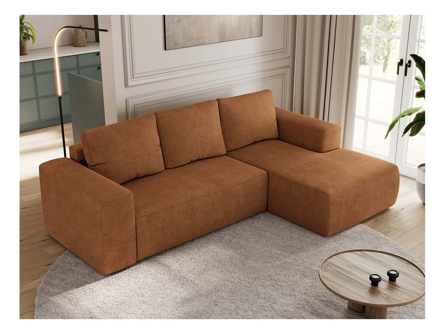 Ecksofa TRENTINO - mit Schlaffunktion und Bettkasten, L-form Couch, lose Kissen und Armlehnen - Orange Stukture - Ecke Rechts