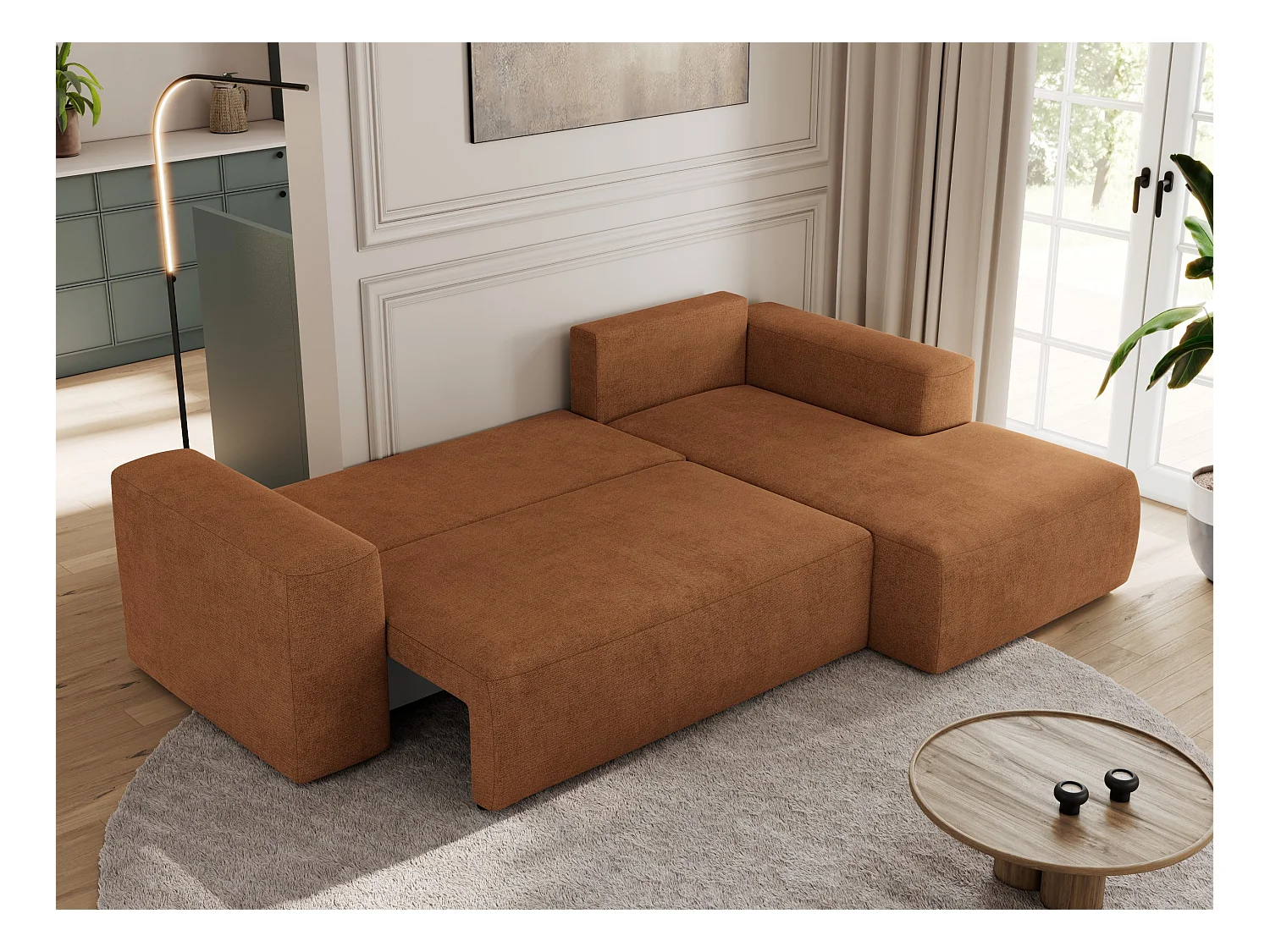 Ecksofa TRENTINO - mit Schlaffunktion und Bettkasten, L-form Couch, lose Kissen und Armlehnen - Orange Stukture - Ecke Rechts