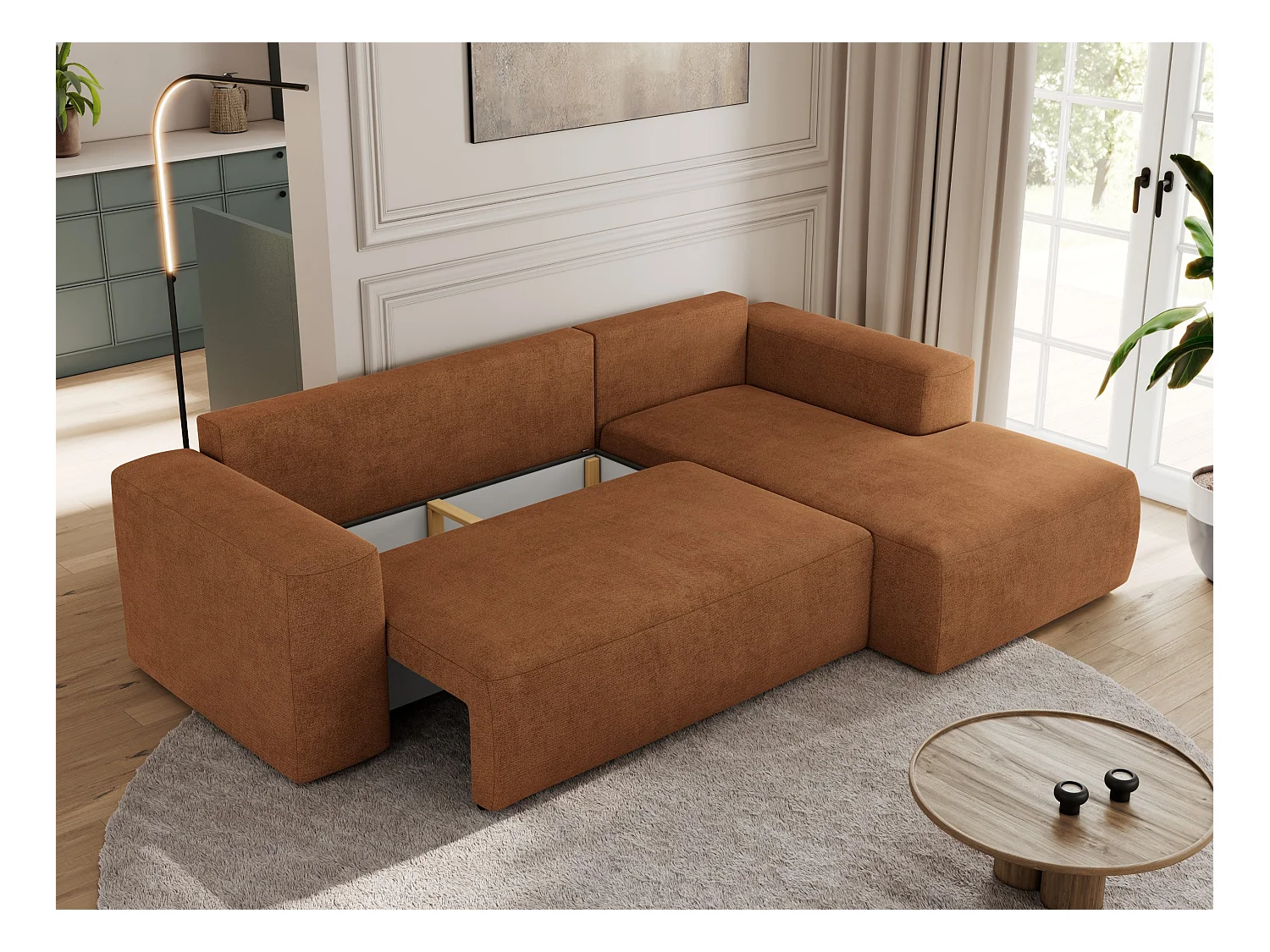 Ecksofa TRENTINO - mit Schlaffunktion und Bettkasten, L-form Couch, lose Kissen und Armlehnen - Orange Stukture - Ecke Rechts
