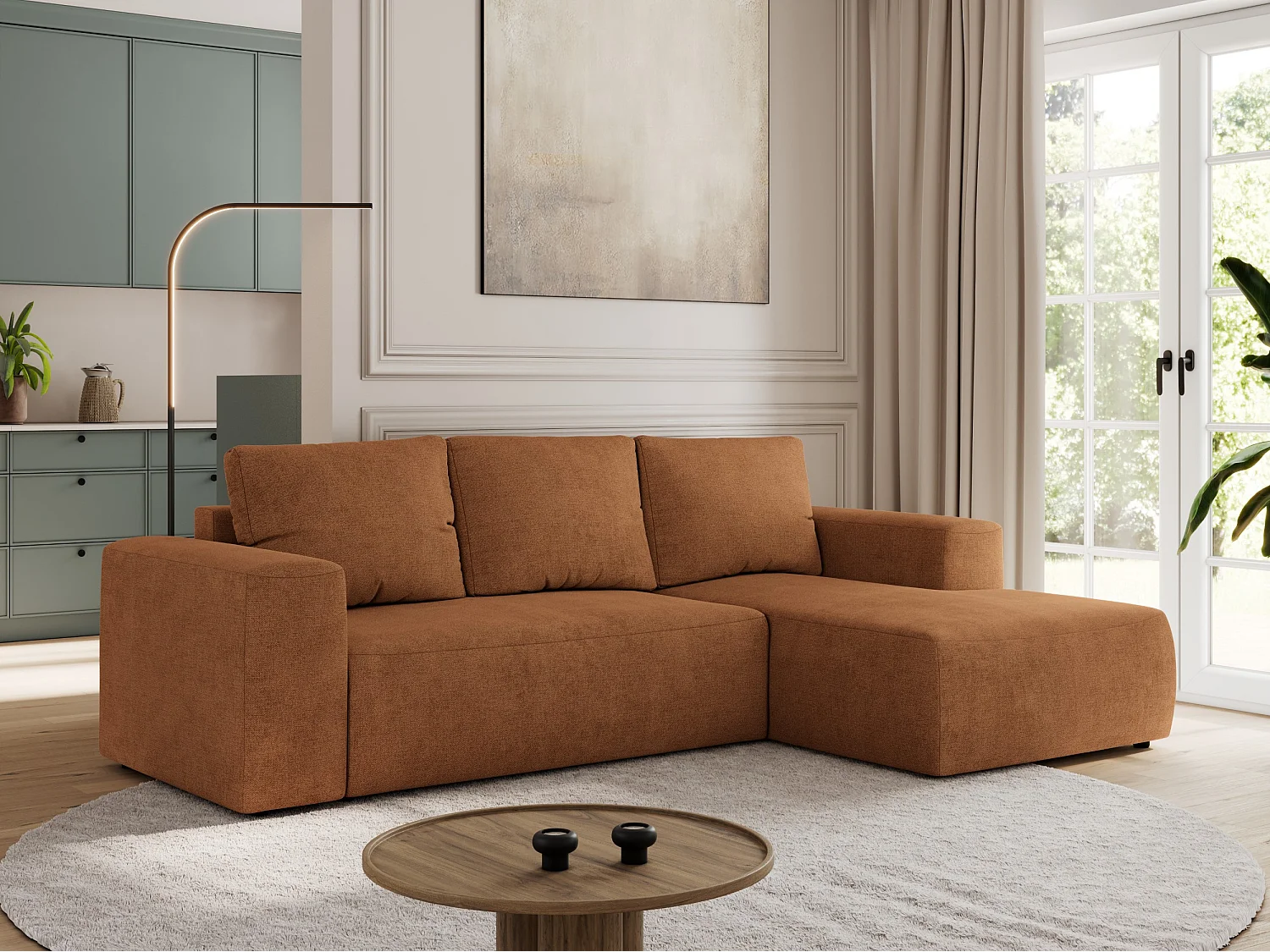 Ecksofa TRENTINO - mit Schlaffunktion und Bettkasten, L-form Couch, lose Kissen und Armlehnen - Orange Stukture - Ecke Rechts