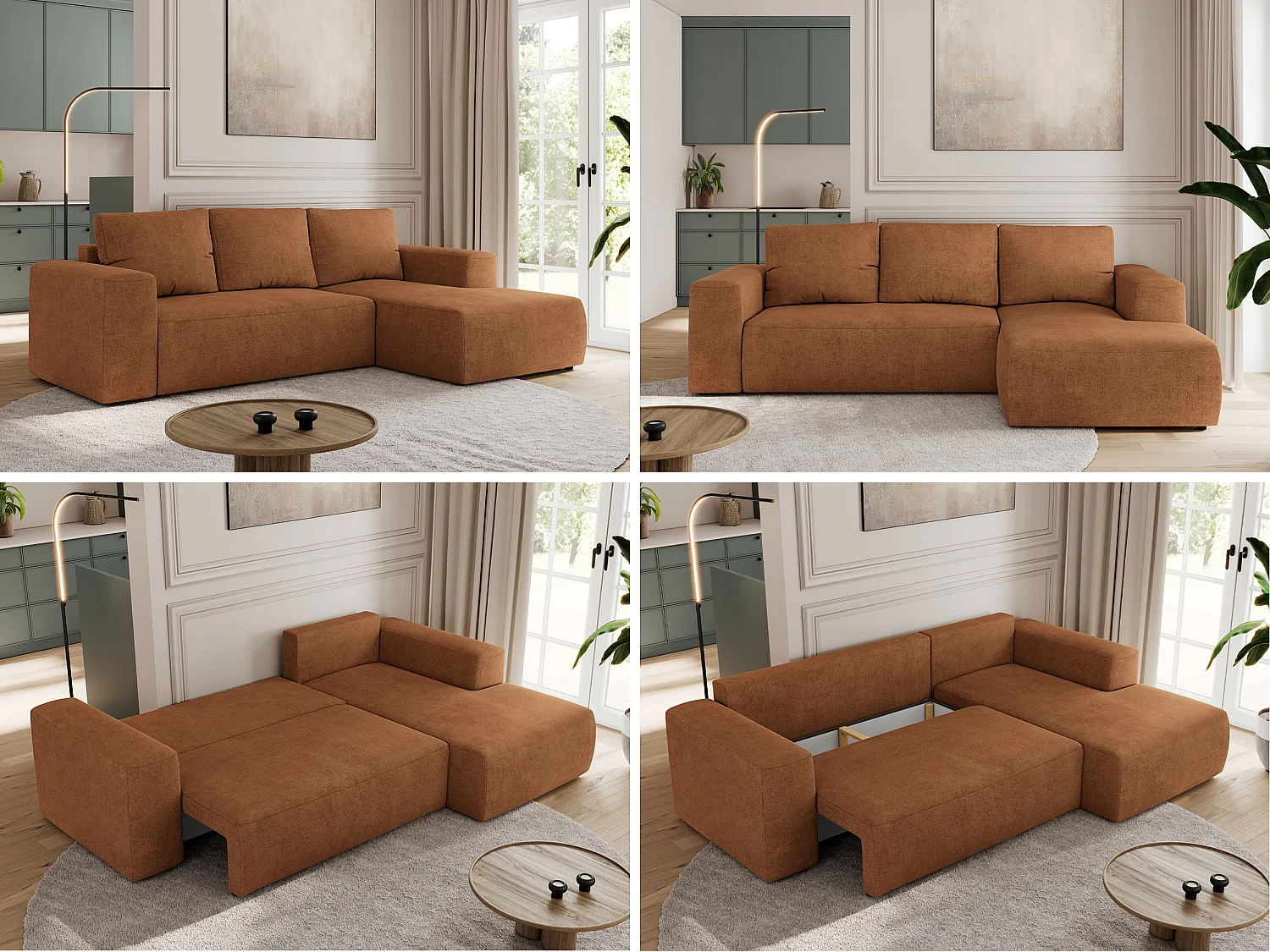 Ecksofa TRENTINO - mit Schlaffunktion und Bettkasten, L-form Couch, lose Kissen und Armlehnen - Orange Stukture - Ecke Rechts