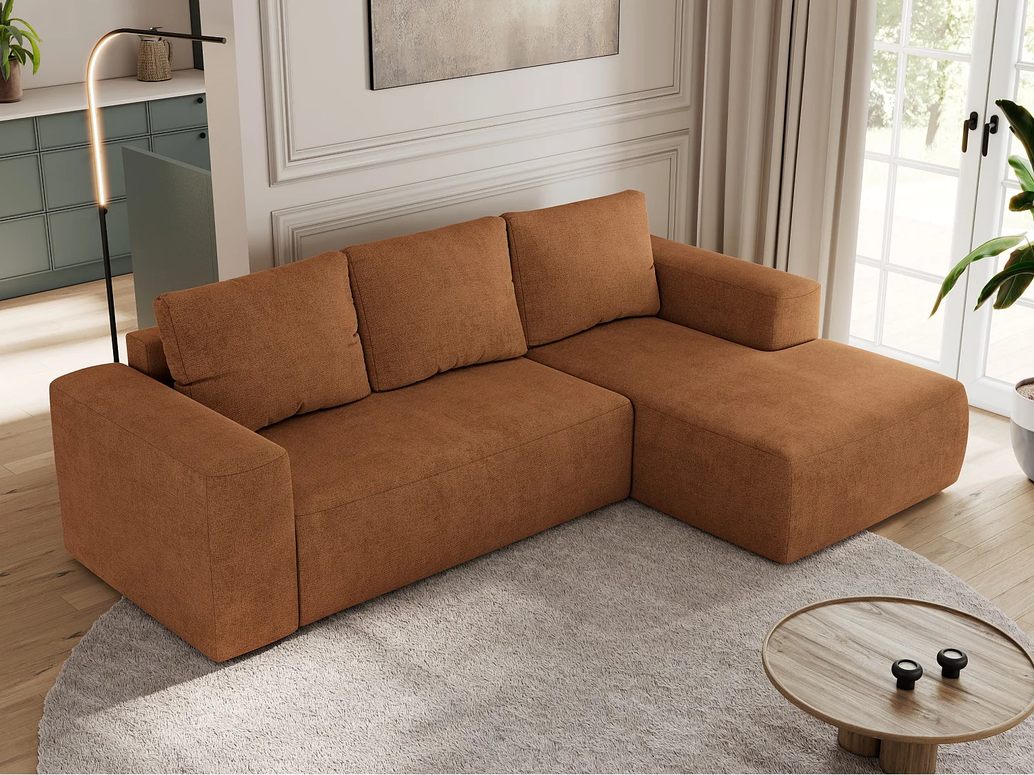 Ecksofa TRENTINO - mit Schlaffunktion und Bettkasten, L-form Couch, lose Kissen und Armlehnen - Orange Stukture - Ecke Rechts
