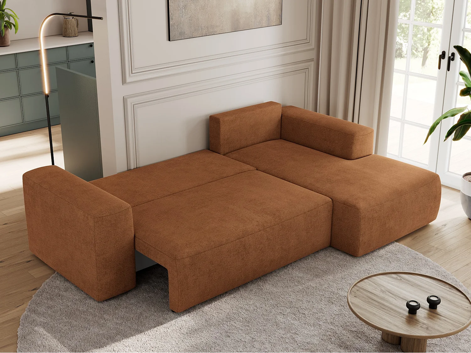 Ecksofa TRENTINO - mit Schlaffunktion und Bettkasten, L-form Couch, lose Kissen und Armlehnen - Orange Stukture - Ecke Rechts
