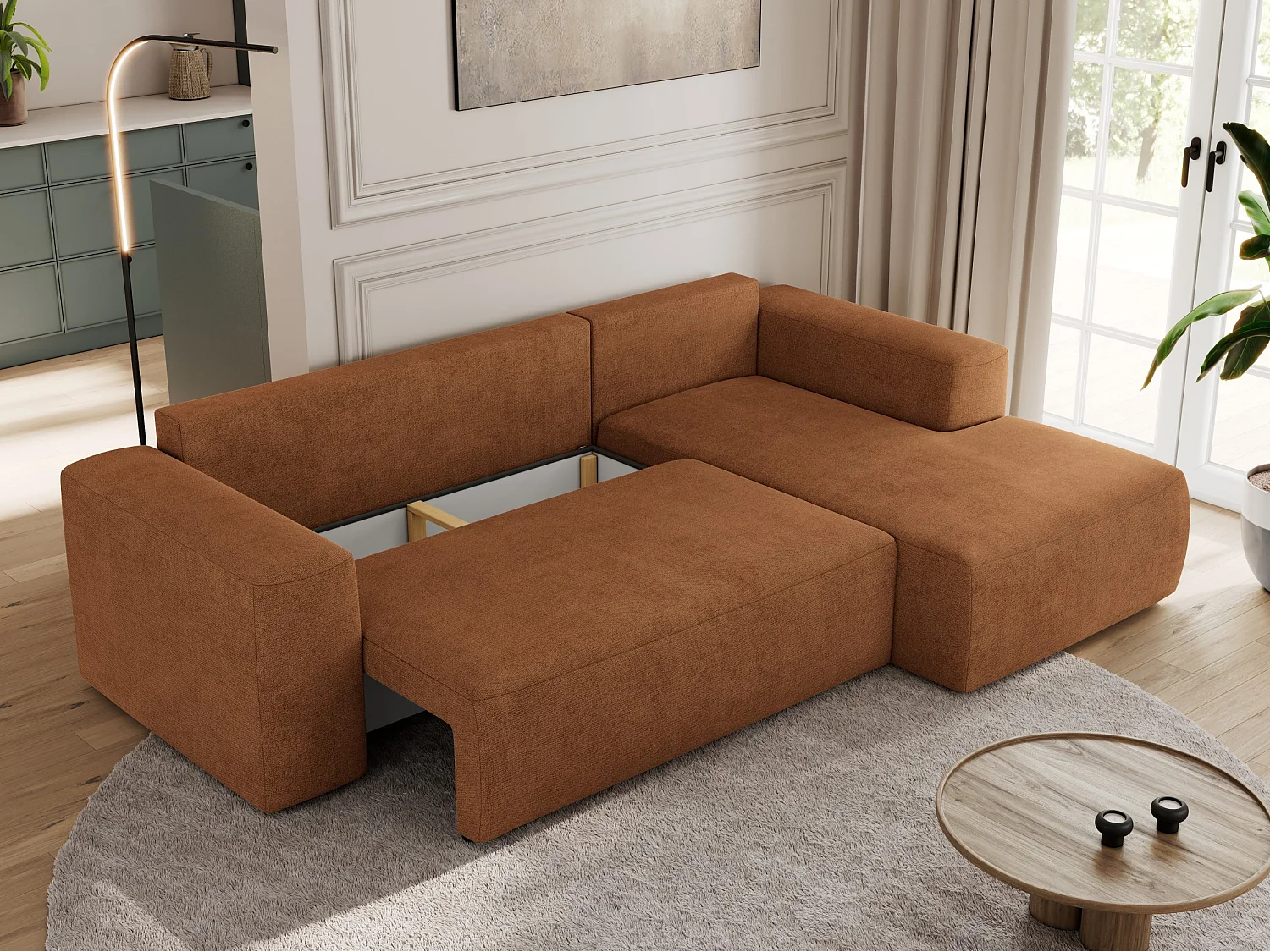 Ecksofa TRENTINO - mit Schlaffunktion und Bettkasten, L-form Couch, lose Kissen und Armlehnen - Orange Stukture - Ecke Rechts