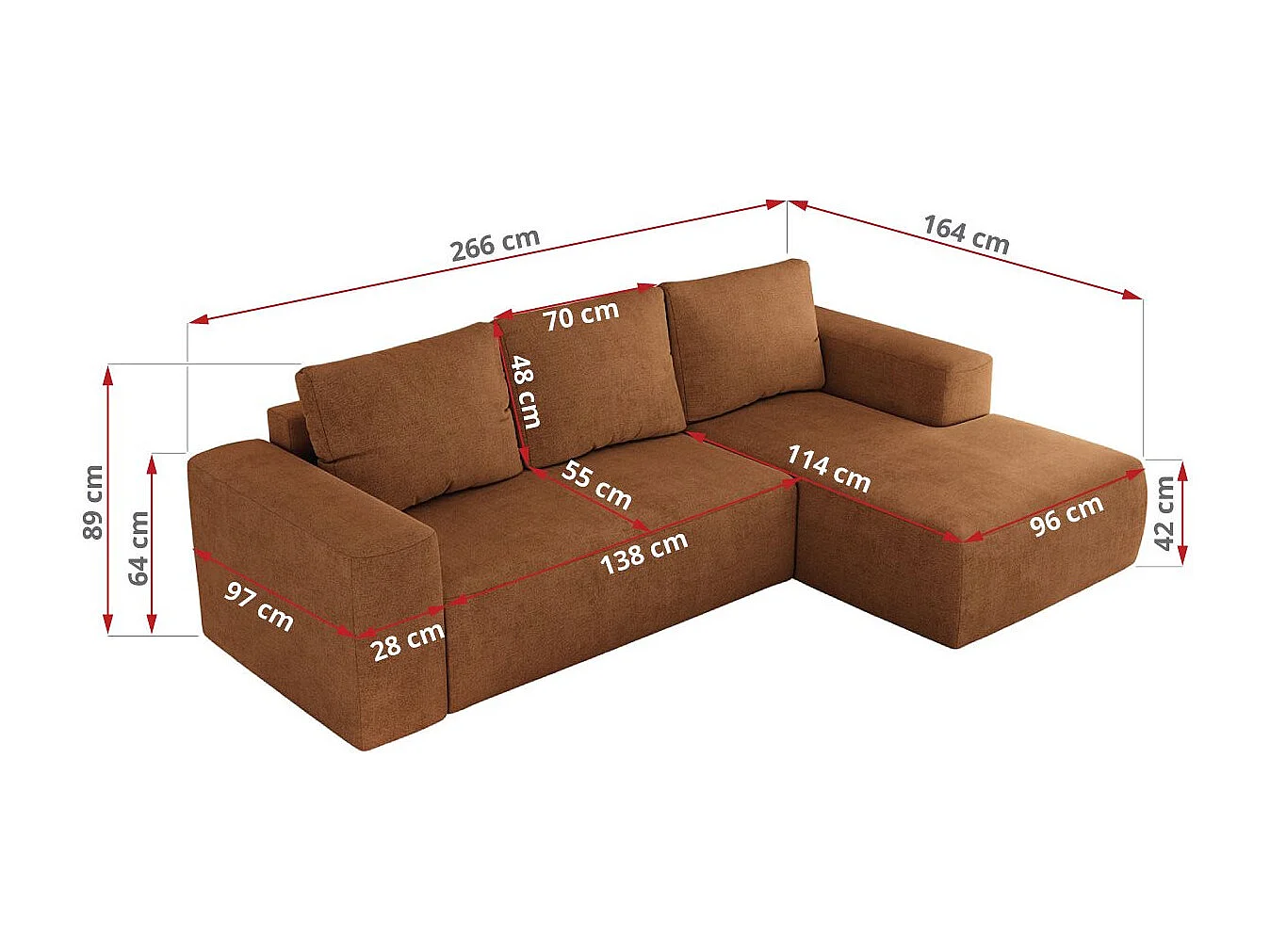 Ecksofa TRENTINO - mit Schlaffunktion und Bettkasten, L-form Couch, lose Kissen und Armlehnen - Orange Stukture - Ecke Rechts