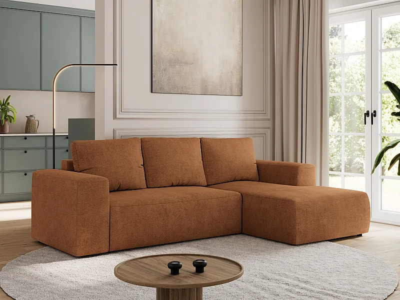 Ecksofa TRENTINO - mit Schlaffunktion und Bettkasten, L-form Couch, lose Kissen und Armlehnen - Orange Stukture - Ecke Rechts