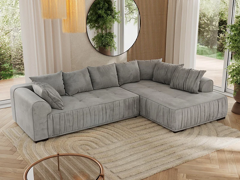Ecksofa ORTA - Schlaffunktion und Bettkasten, lose Kissen, gesteppter Sitz, L-förmige Ecke - Hellgrau Velvet - Ecke Rechts