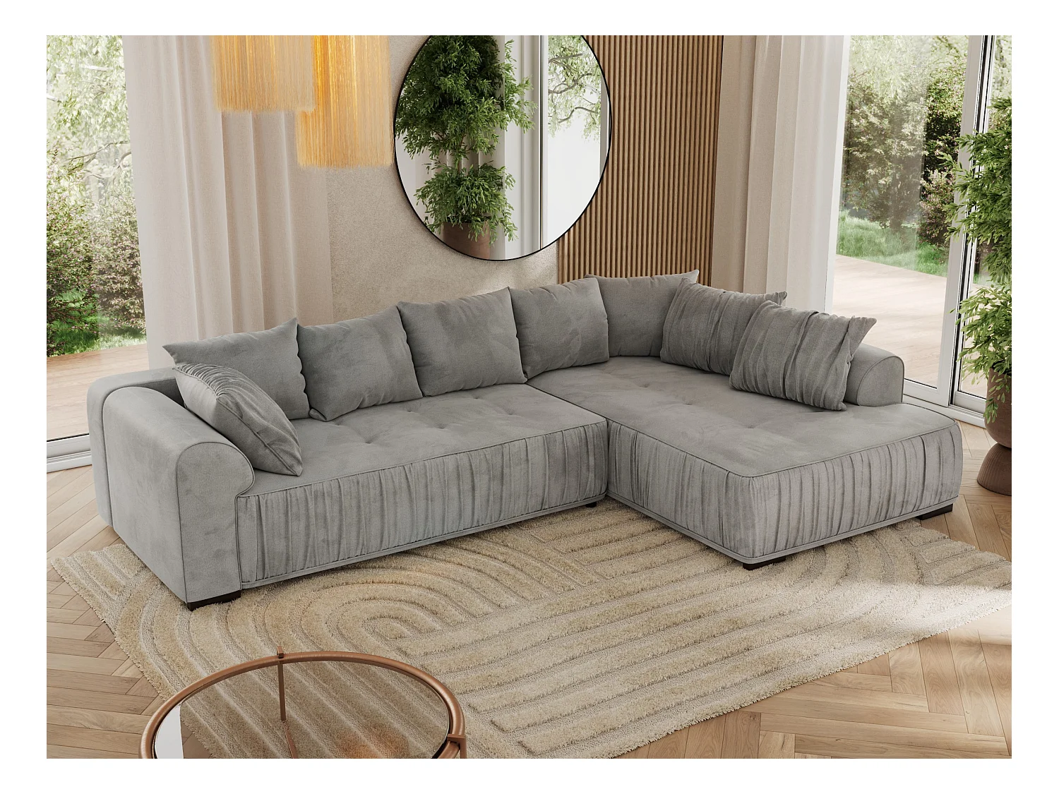 Ecksofa ORTA - Schlaffunktion und Bettkasten, lose Kissen, gesteppter Sitz, L-förmige Ecke - Hellgrau Velvet - Ecke Rechts