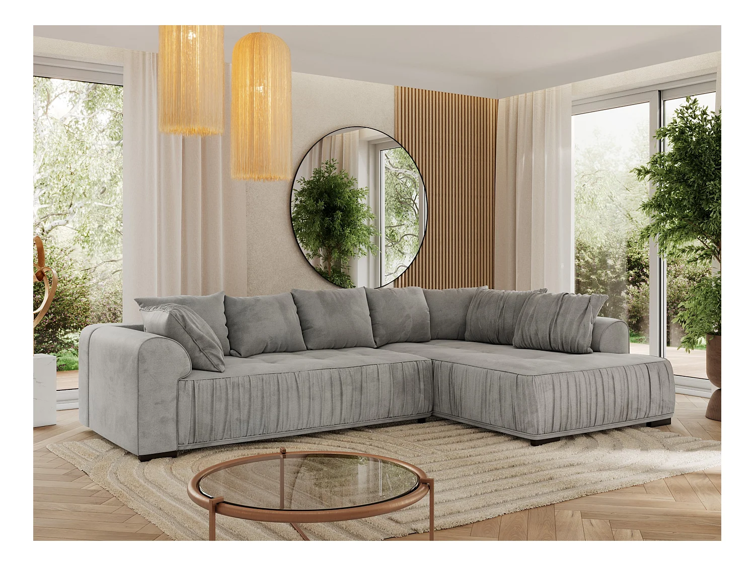 Ecksofa ORTA - Schlaffunktion und Bettkasten, lose Kissen, gesteppter Sitz, L-förmige Ecke - Hellgrau Velvet - Ecke Rechts