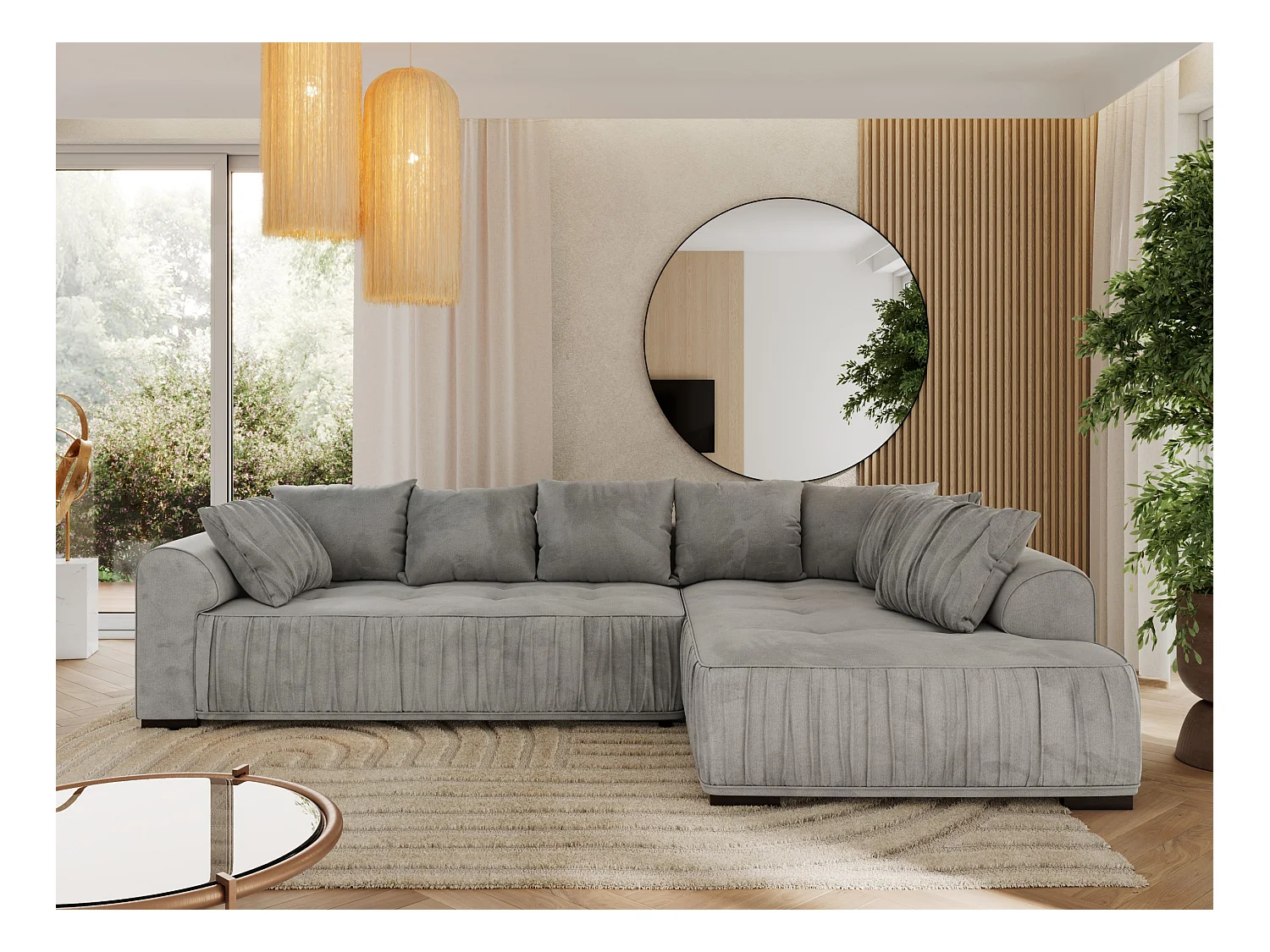 Ecksofa ORTA - Schlaffunktion und Bettkasten, lose Kissen, gesteppter Sitz, L-förmige Ecke - Hellgrau Velvet - Ecke Rechts