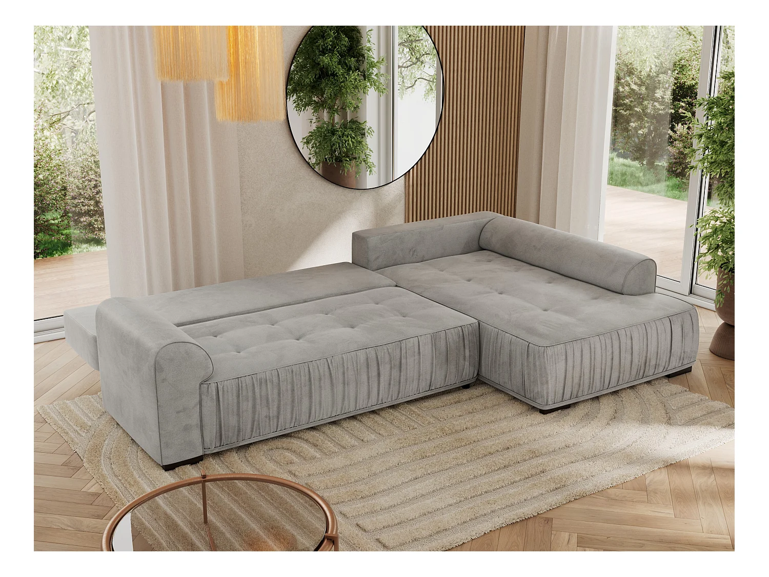 Ecksofa ORTA - Schlaffunktion und Bettkasten, lose Kissen, gesteppter Sitz, L-förmige Ecke - Hellgrau Velvet - Ecke Rechts