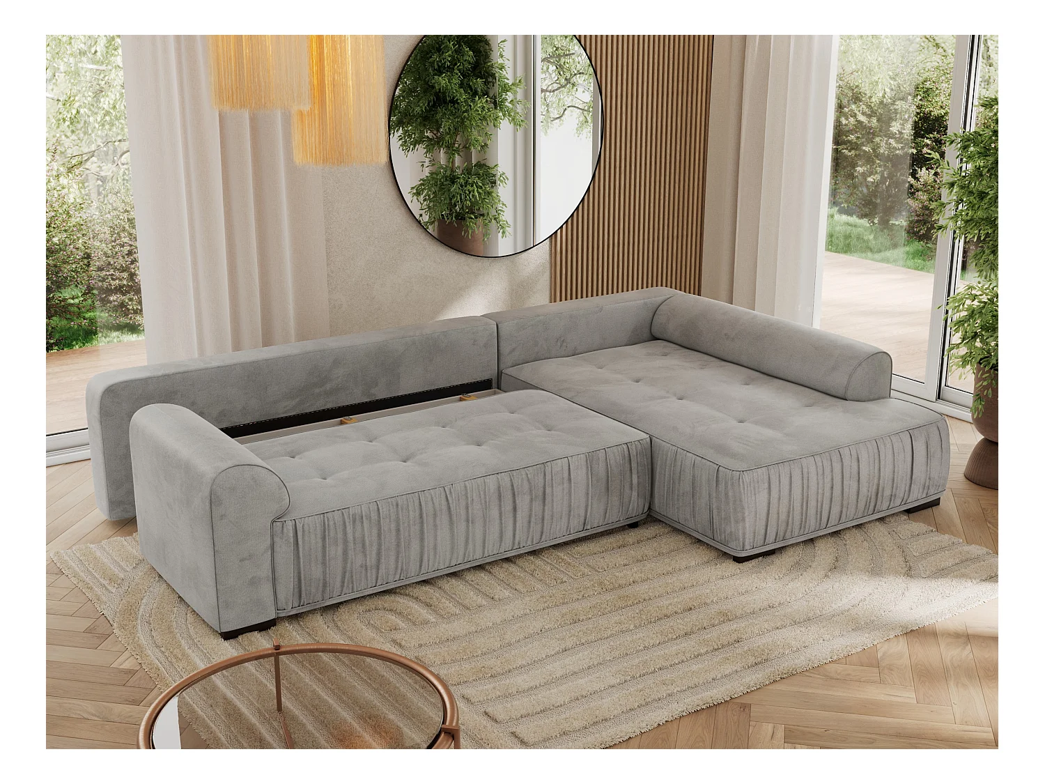 Ecksofa ORTA - Schlaffunktion und Bettkasten, lose Kissen, gesteppter Sitz, L-förmige Ecke - Hellgrau Velvet - Ecke Rechts