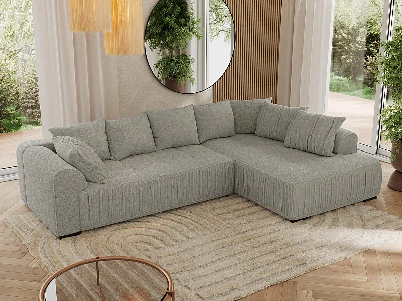 Ecksofa ORTA - Schlaffunktion und Bettkasten, lose Kissen, gesteppter Sitz, L-förmige Ecke - Hellgrau Boucle - Ecke Rechts