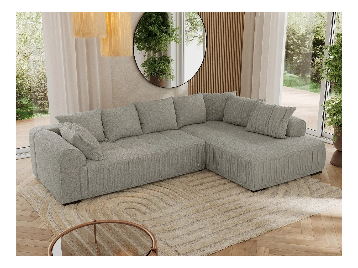 Ecksofa ORTA - Schlaffunktion und Bettkasten, lose Kissen, gesteppter Sitz, L-förmige Ecke - Hellgrau Boucle - Ecke Rechts