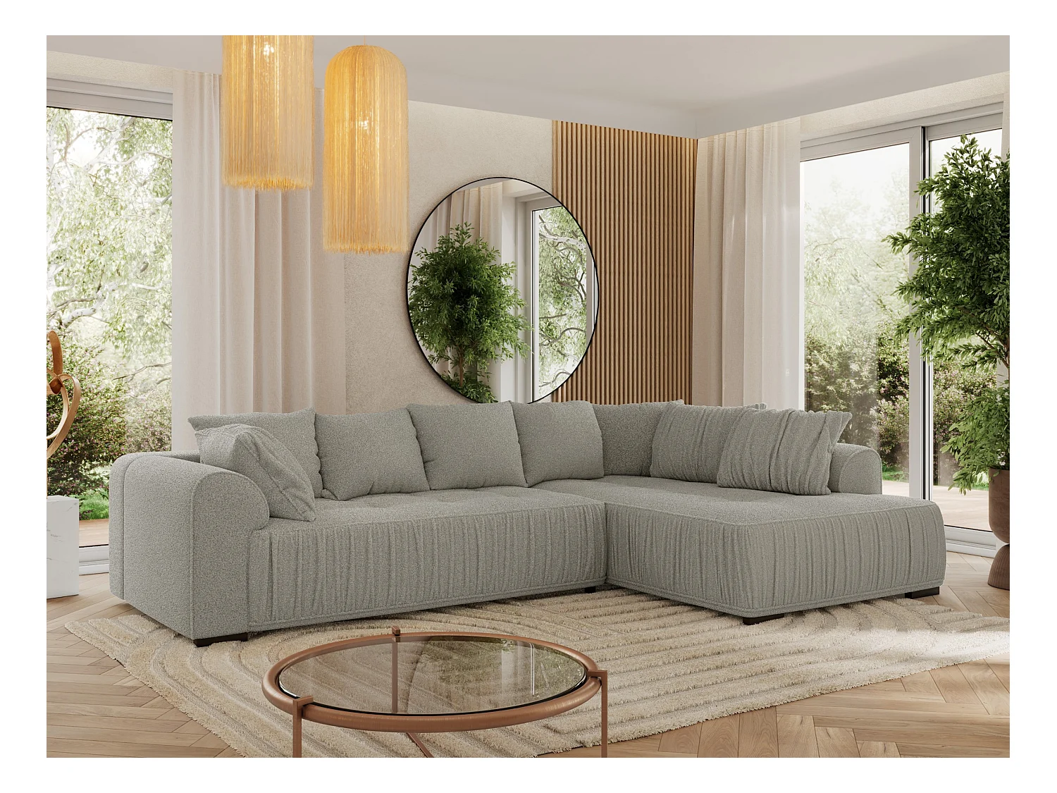 Ecksofa ORTA - Schlaffunktion und Bettkasten, lose Kissen, gesteppter Sitz, L-förmige Ecke - Hellgrau Boucle - Ecke Rechts