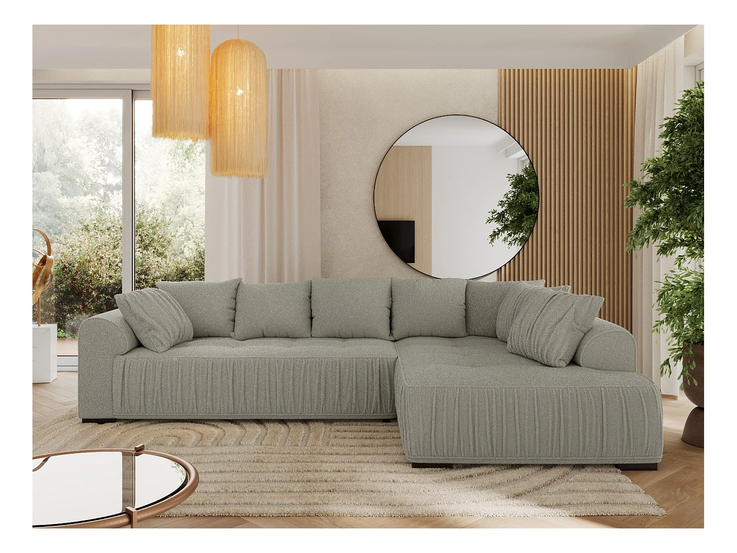 Ecksofa ORTA - Schlaffunktion und Bettkasten, lose Kissen, gesteppter Sitz, L-förmige Ecke - Hellgrau Boucle - Ecke Rechts