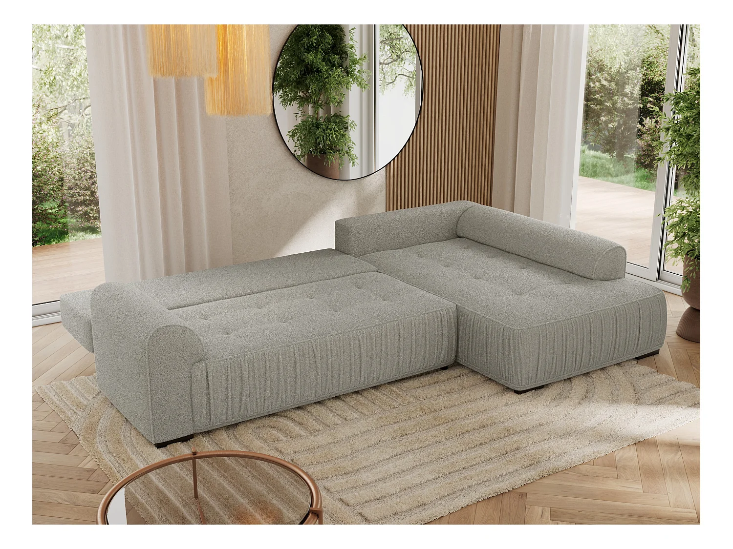 Ecksofa ORTA - Schlaffunktion und Bettkasten, lose Kissen, gesteppter Sitz, L-förmige Ecke - Hellgrau Boucle - Ecke Rechts
