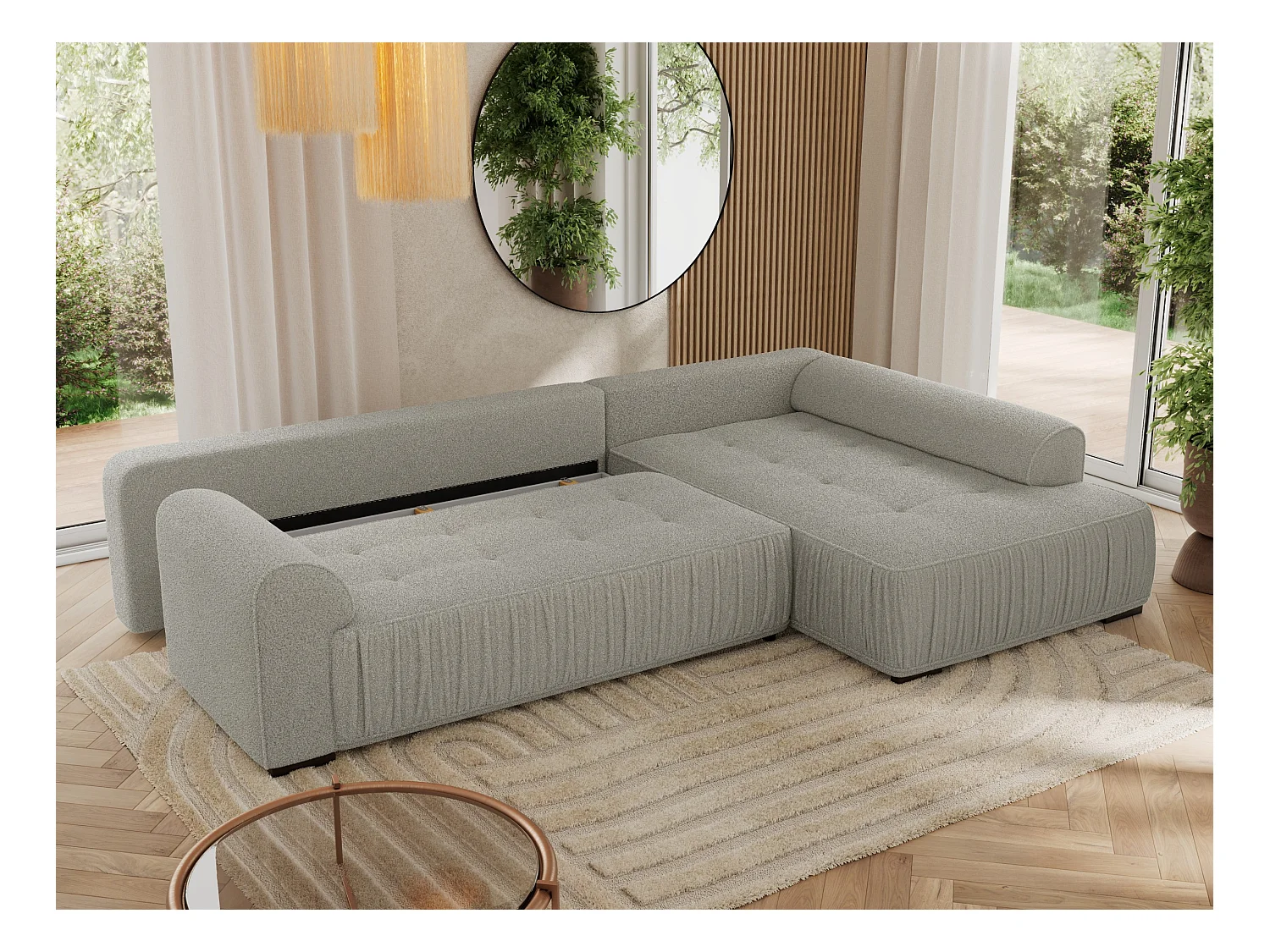 Ecksofa ORTA - Schlaffunktion und Bettkasten, lose Kissen, gesteppter Sitz, L-förmige Ecke - Hellgrau Boucle - Ecke Rechts