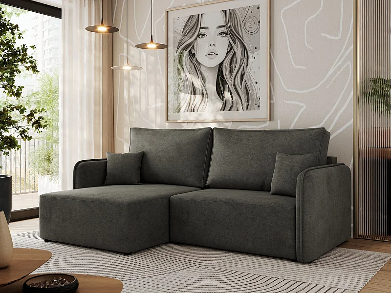 Ecksofa MESTO - Schlaffunktion und Bettkasten, L-form Couch für das Wohnzimmer, Armlehnen - Dunkelgrau Velvet - Ecke Links