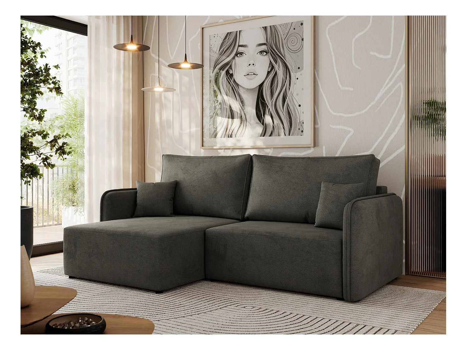 Ecksofa MESTO - Schlaffunktion und Bettkasten, L-form Couch für das Wohnzimmer, Armlehnen - Dunkelgrau Velvet - Ecke Links