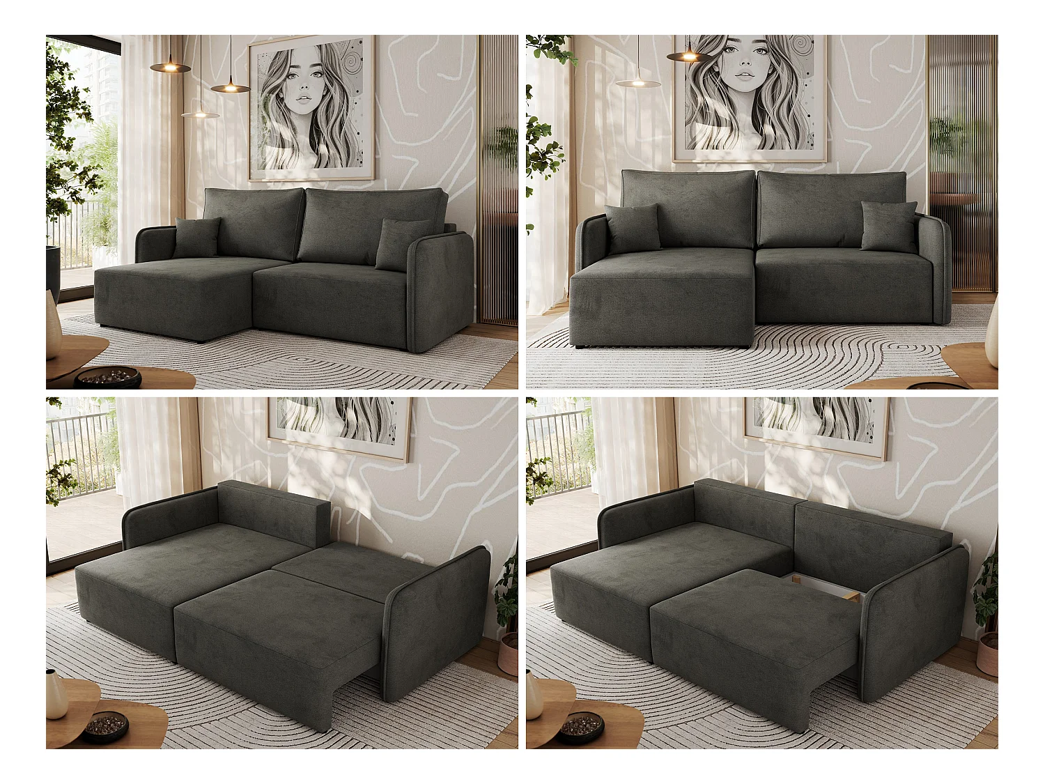 Ecksofa MESTO - Schlaffunktion und Bettkasten, L-form Couch für das Wohnzimmer, Armlehnen - Dunkelgrau Velvet - Ecke Links
