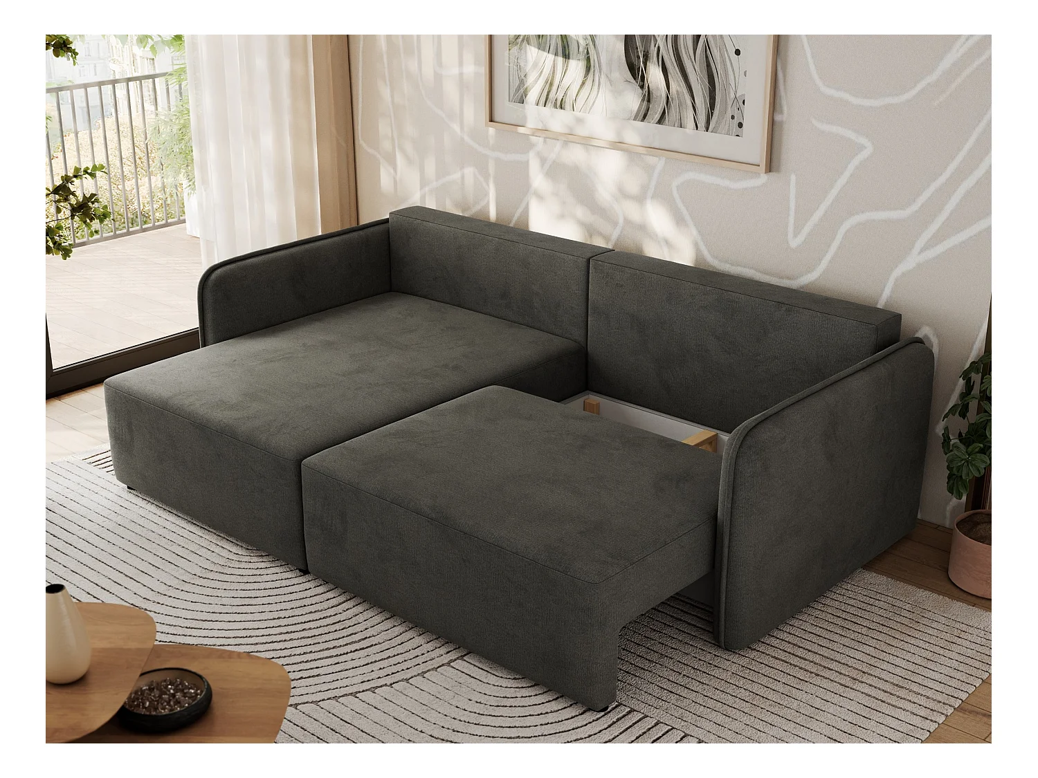 Ecksofa MESTO - Schlaffunktion und Bettkasten, L-form Couch für das Wohnzimmer, Armlehnen - Dunkelgrau Velvet - Ecke Links