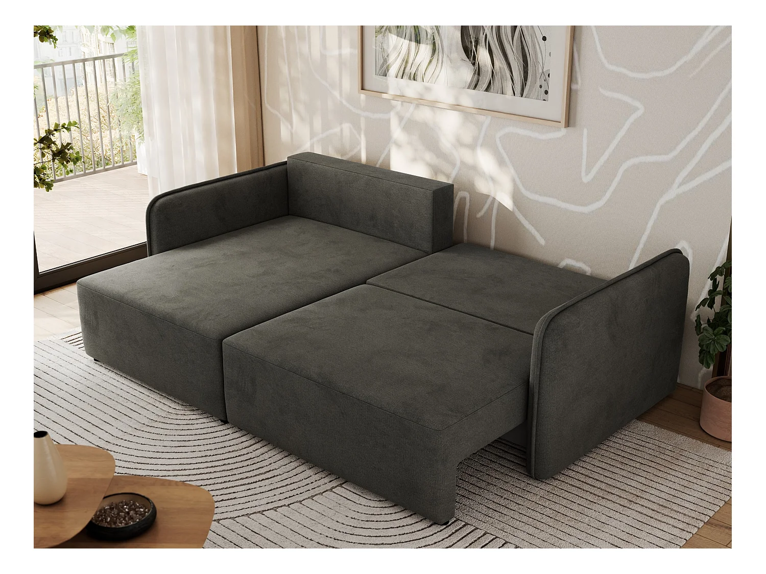 Ecksofa MESTO - Schlaffunktion und Bettkasten, L-form Couch für das Wohnzimmer, Armlehnen - Dunkelgrau Velvet - Ecke Links