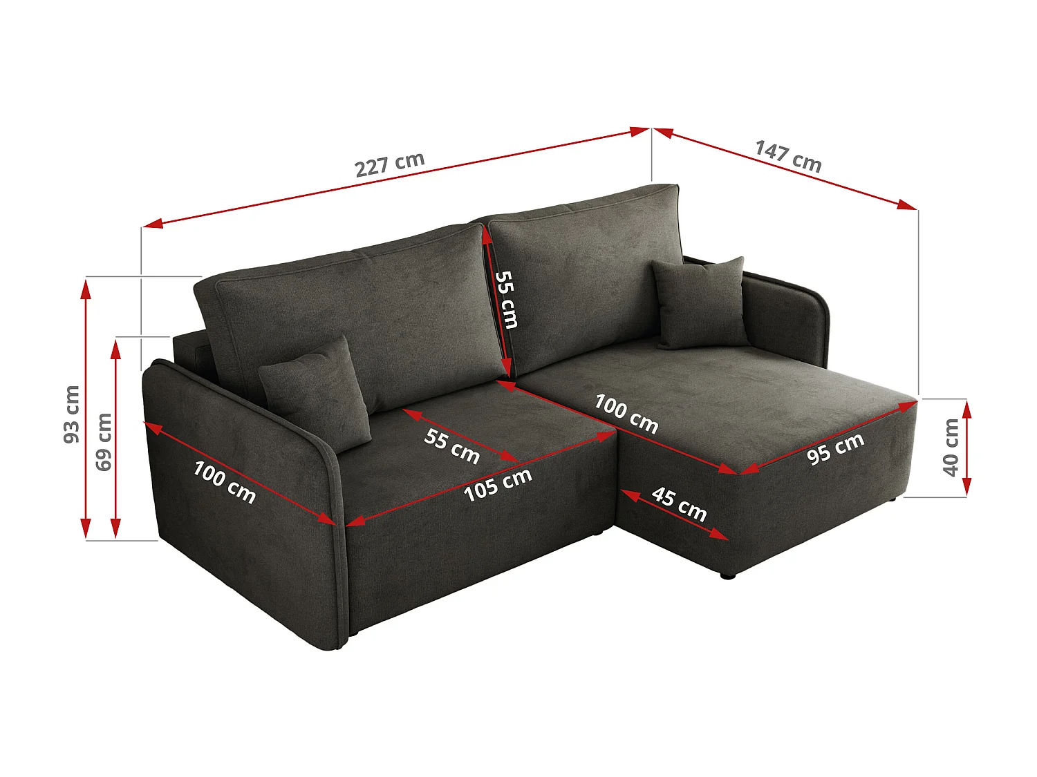 Ecksofa MESTO - Schlaffunktion und Bettkasten, L-form Couch für das Wohnzimmer, Armlehnen - Dunkelgrau Velvet - Ecke Links